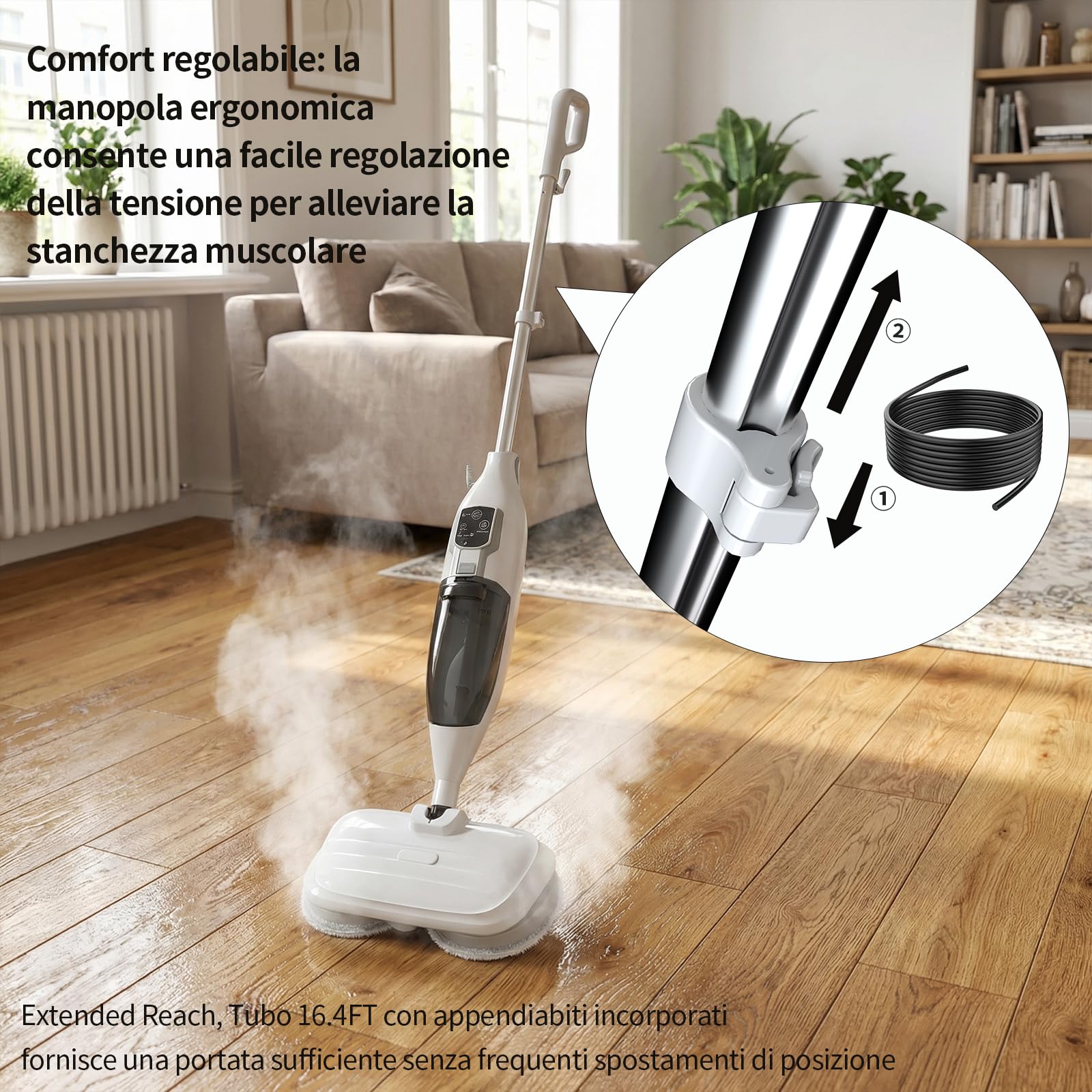 PUREBEAR Scopa a Vapore 2 in 1 con Pulitore a Vapore Portatile, 3 Livelli di Vapore Regolabili, 4 Panni di Ricambio, per Pavimenti, Piastrelle, Finestre, Vestiti e Fughe