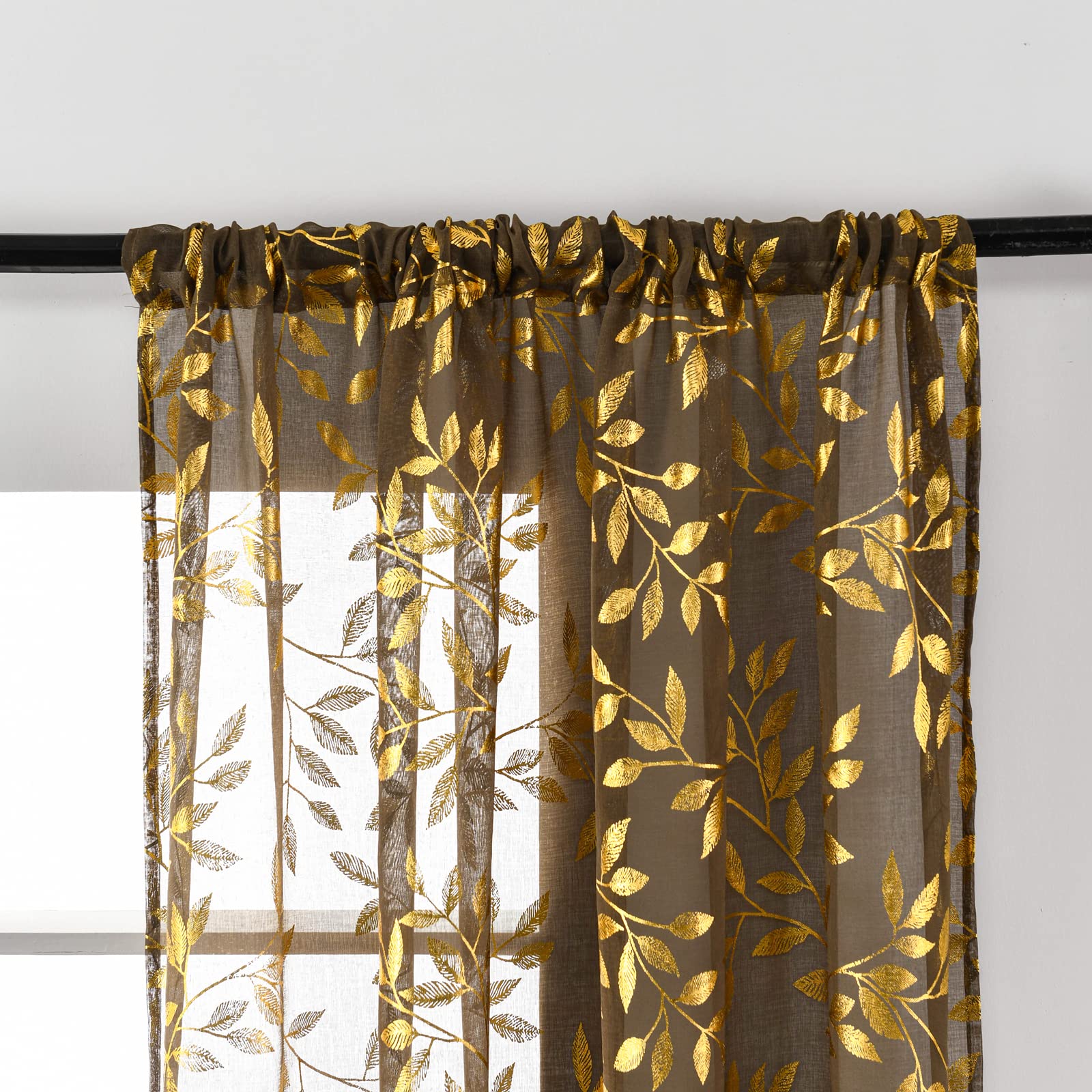 Foil Stripe Gold Sheer Curtains 96 Inch Length - 2 Panel Set With Grommets Light Filtering
