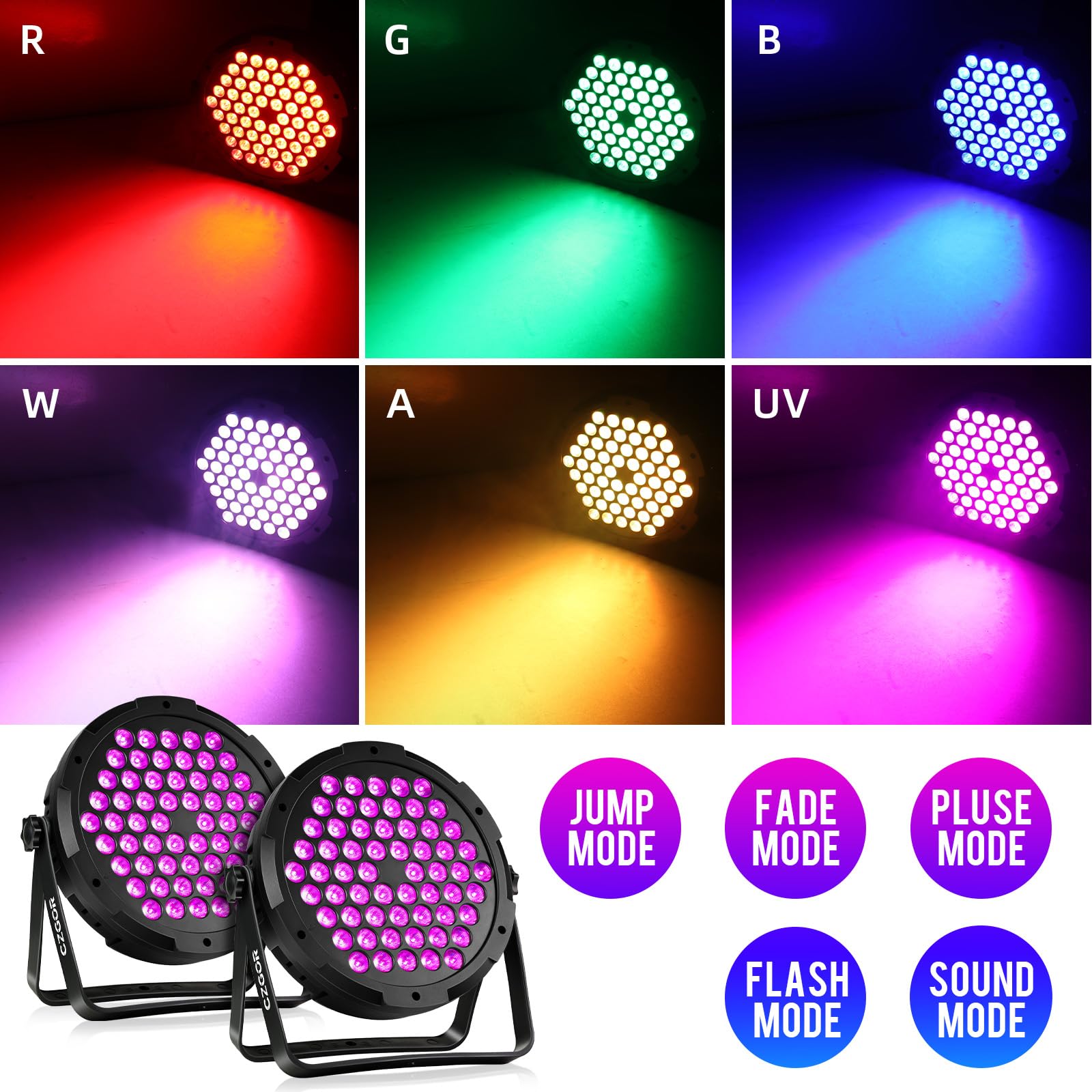 90W Par LED Luce, Czgor 60 LED Par RGB 3 in 1 Luci da Palco Avec Telecomando con 1M Cavo DMX, DMX512 7CH Discoteca Illuminazione Palco per Feste Bar DJ Discoteca Matrimonio, 2 Pezzi