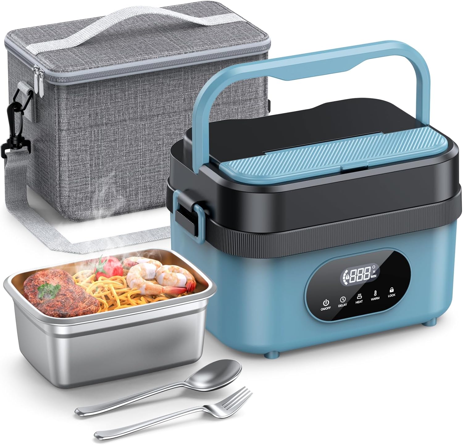 Cordless Electric Lunch Box for Adults, 18000mAh Rechargeable Portable Self-Heating Lunch Box Food Warmer, 1.5L(6 Cups) Container for Outdoor, Work, Office, Camping, Travel（Blue＆Black）