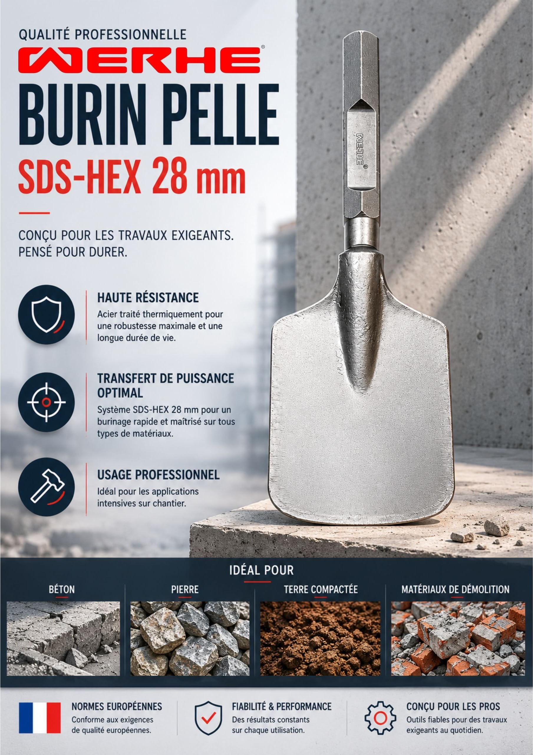 WERHE Burin Pelle HEX28, 135 x 400 mm, Acier à Outils pour Marteau-Piqueur