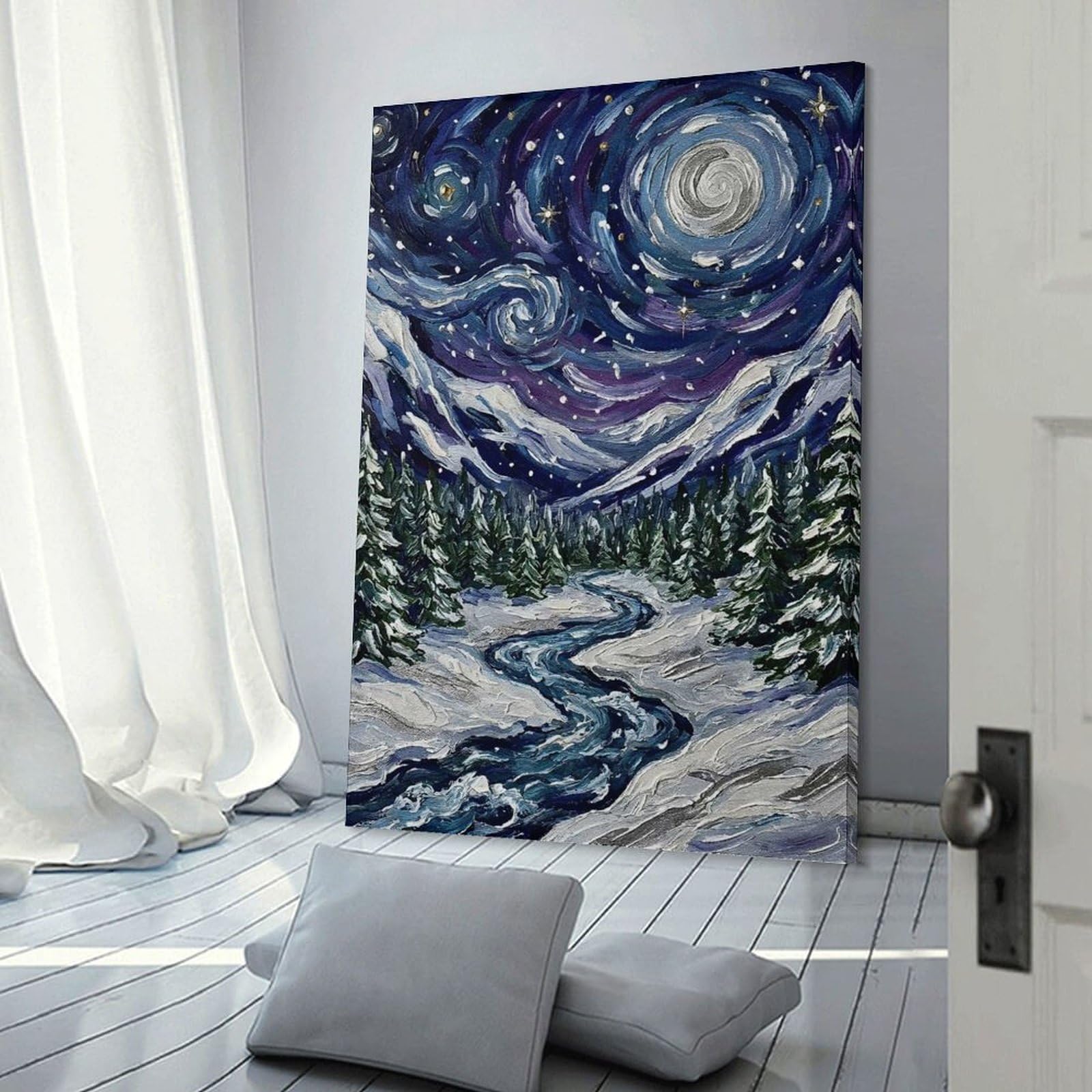 Junmoney Starry Night Winter Landscape Wall Art Print, 16x24inch(40x60cm), for Workspace Walls, Study Corners Or Bedrooms, A Smart Decor Choice for Study Walls