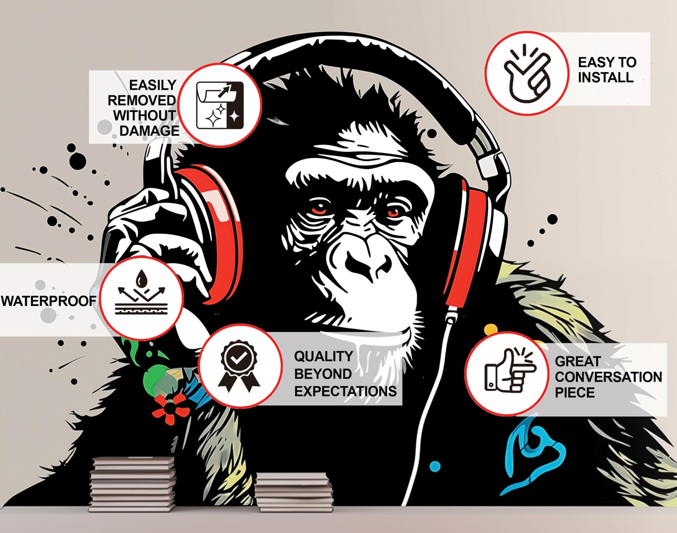 Adesivo da parete a forma di scimpanzé con cuffie – Urban Jungle DJ Ape Decal – Musica contemporanea che ascolta musica in vinile
