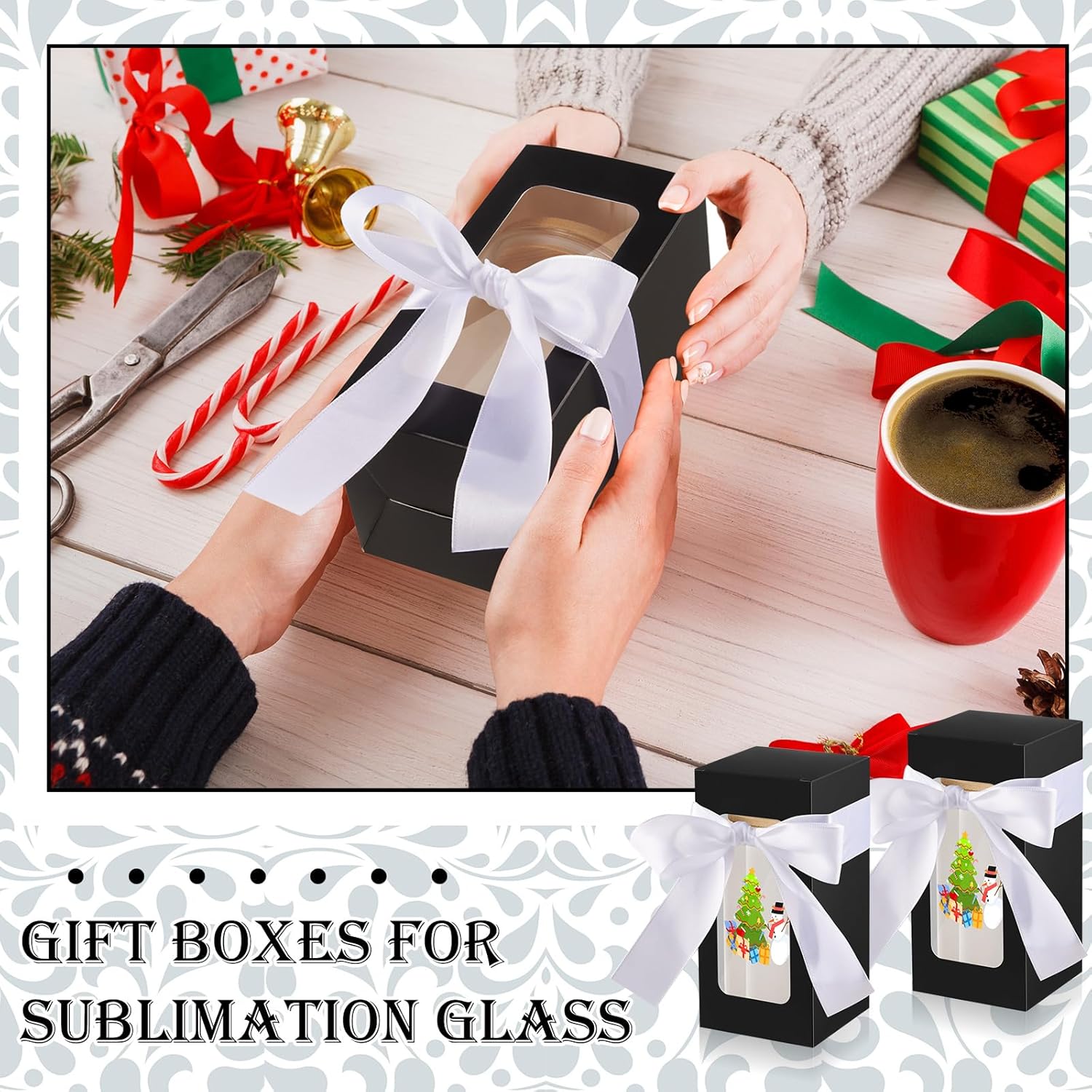 Fulmoon 12 Sets Sublimation Glass Cup Boxes Glass Bottle Boxes with Ribbon Valentine's Day Shipping Blanks Gift Wrap Gaine for Birthday Wedding Party Drinking Glasses Cup(Black) - Image 5