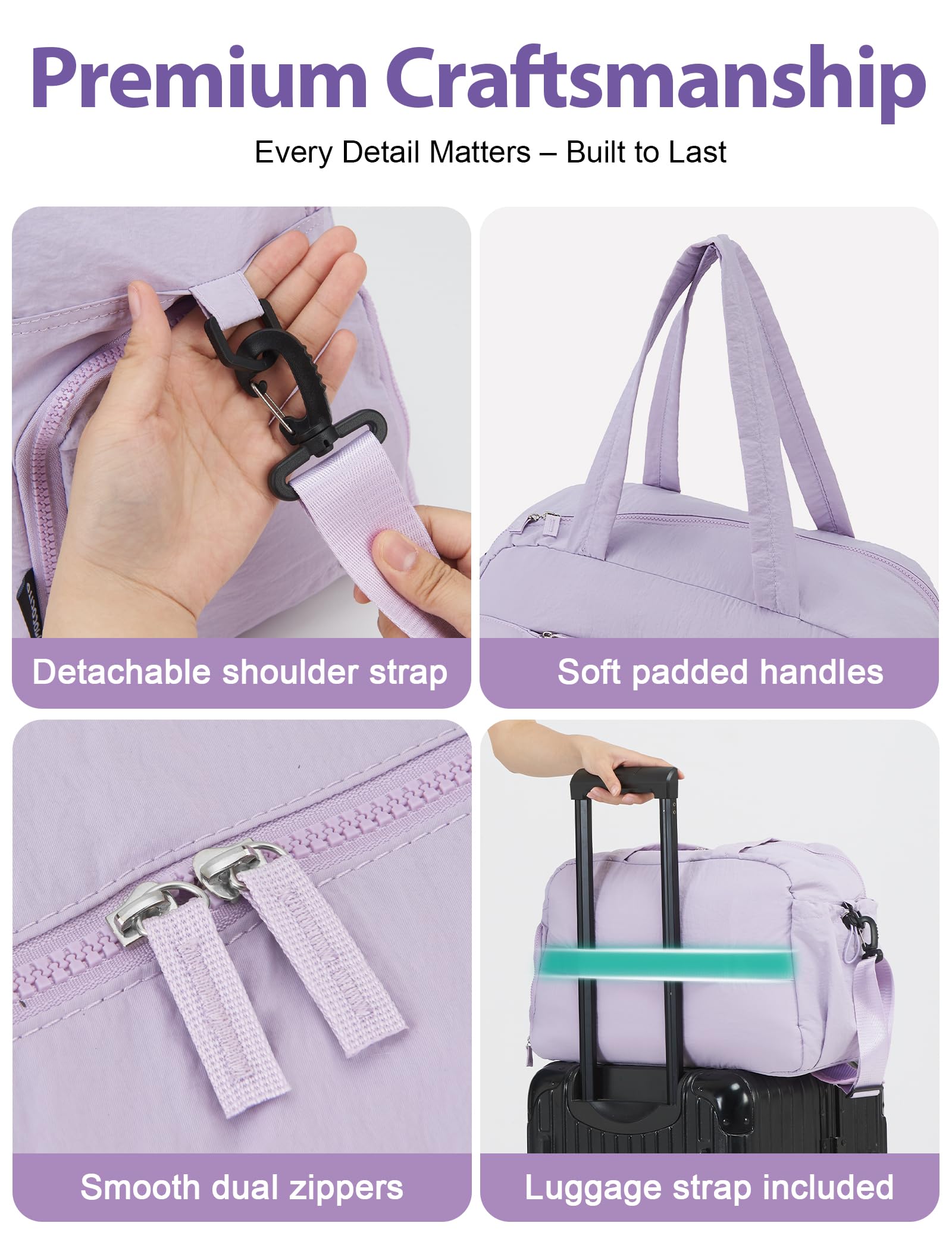Borsone Palestra per Donna Uomo 25L 42×30×20 cm, Borsa da Viaggio Pieghevole con Scomparto Scarpe Idrorepellente, Tasca Bagnato/Asciutto, Duffle Bag Ideale per Piscina, Parto e Ospedale Viola