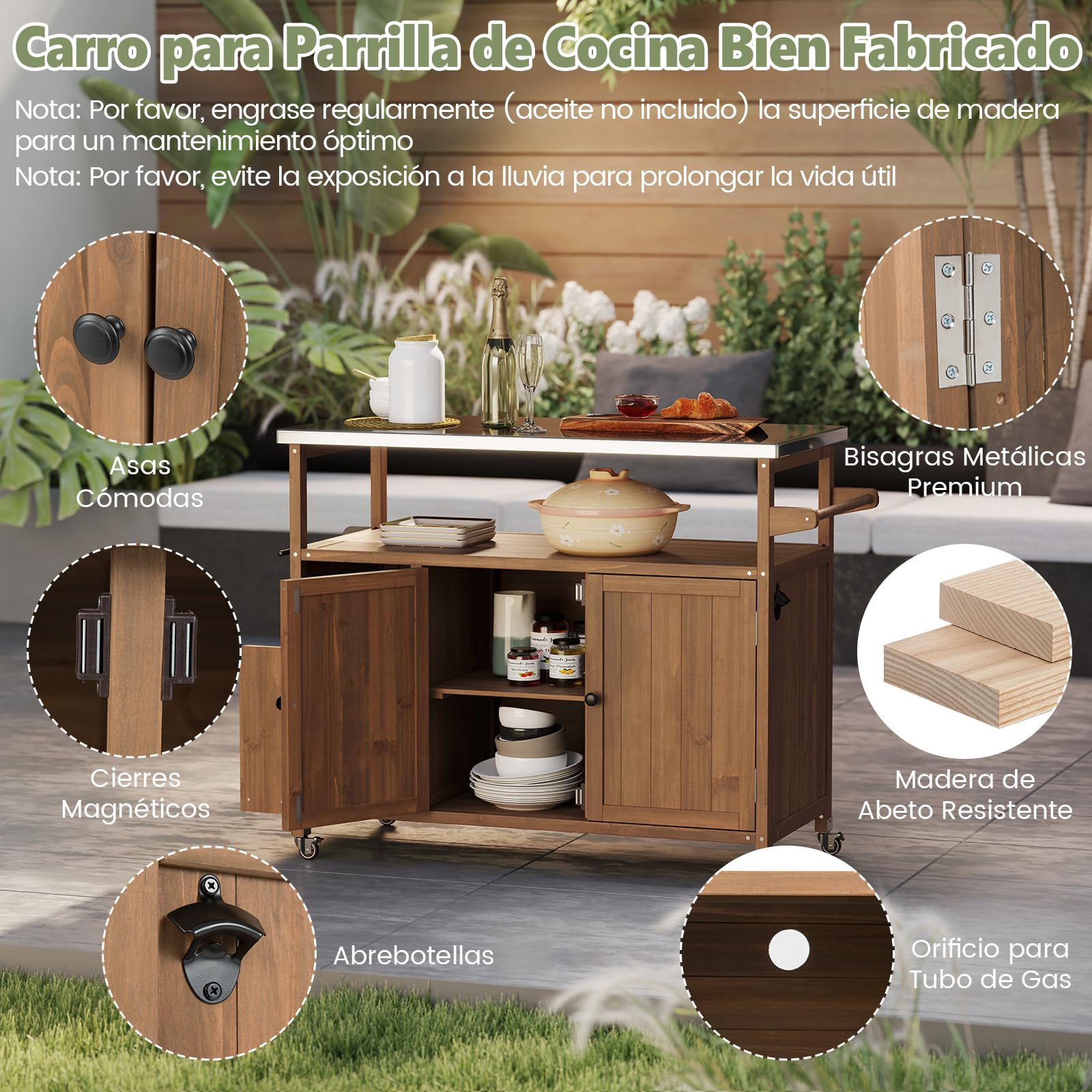 COSTWAY Carrito de Barbacoa de Madera Abeto, Isla de Cocina Exterior con Ruedas Bloqueables, Armario, Estante Abierto y Compartimentos, Mueble para BBQ para Picnic, Fiesta, 130 x 47 x 92 cm