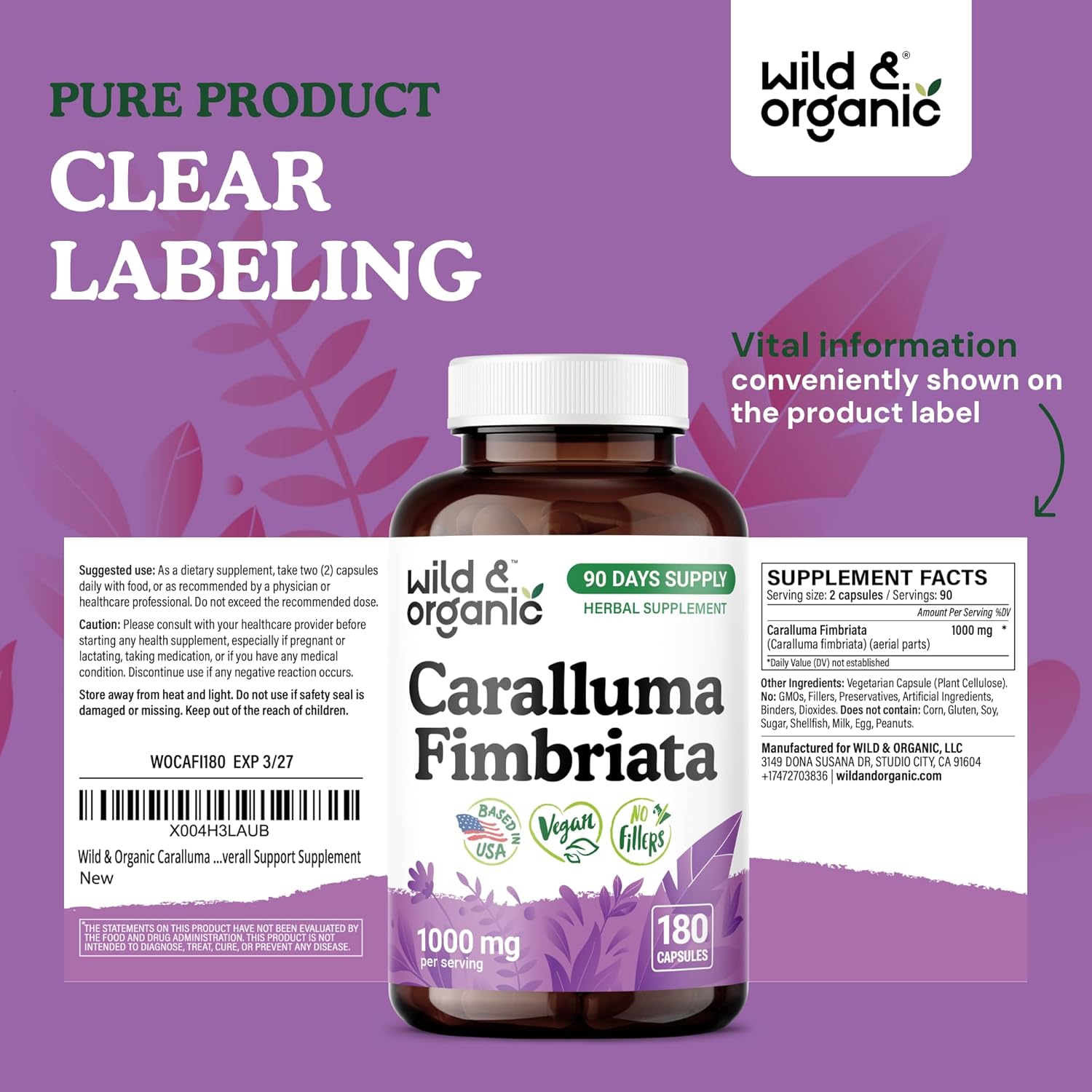 Wild & Organic Caralluma Fimbriata Capsules 1000 mg - Overall Support - Caralluma Extract Supplement - Vegan, No Fillers, Non-GMO - 180 Count - Image 7