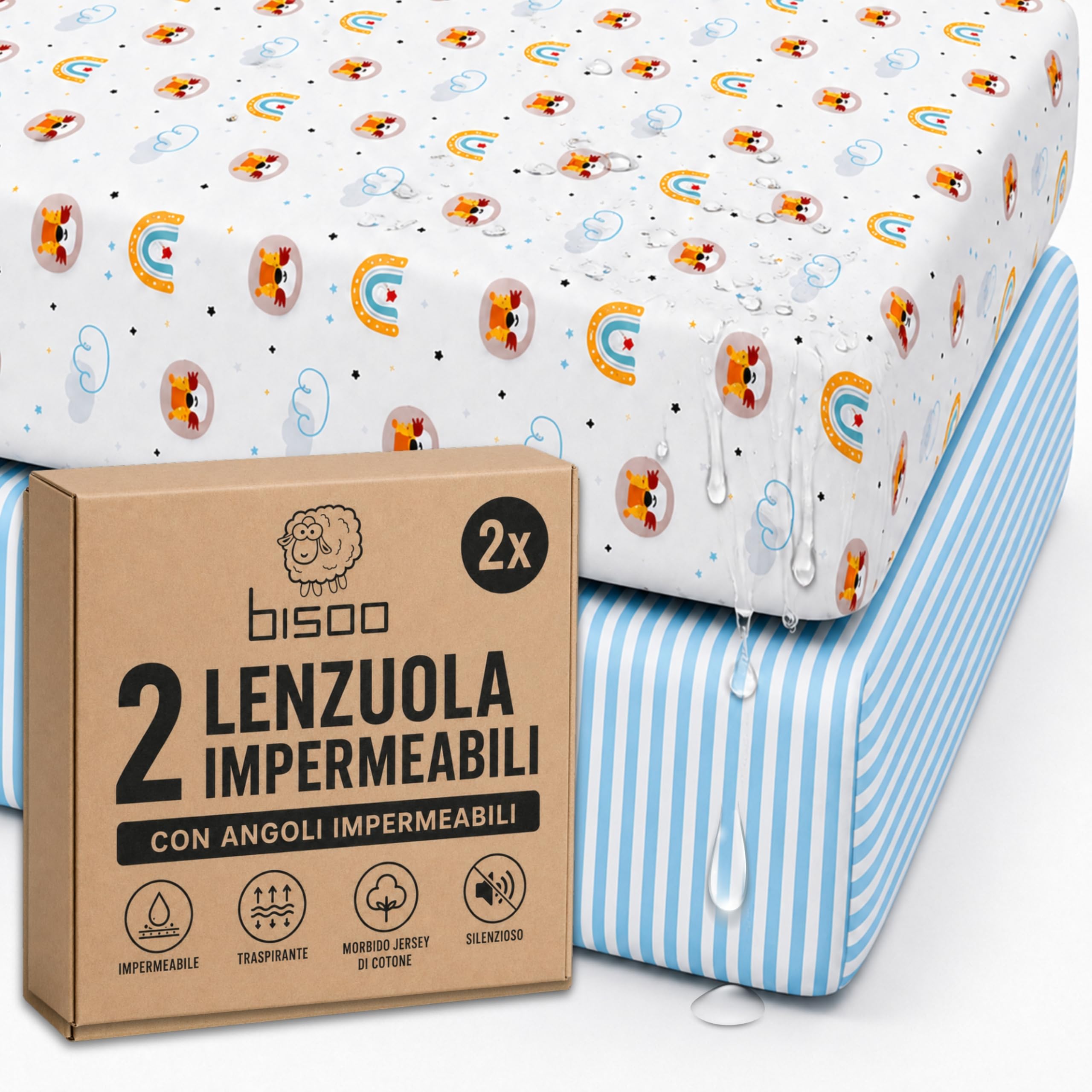 Bisoo Lenzuolo Magico 80x130 1 Leoni + 1 Righe Blu Lenzuolo con Angoli | 2 in 1, Risparmia il Coprimaterasso, Impermeabile, Traspirante, Morbido Cotone Jersey Oeko-Tex