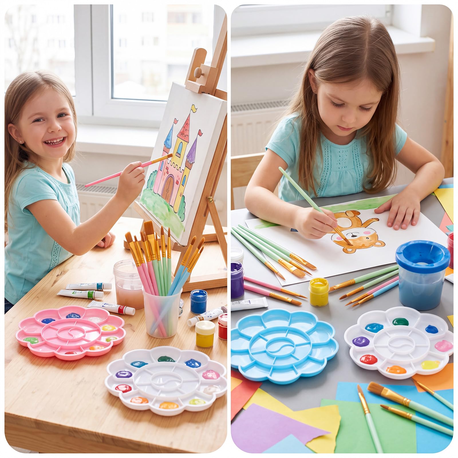 Silipull Juego de 88 pinceles y paletas de pintura, paquete de 8 suministros de arte a granel incluye 80 pinceles (10 tamaños) y 8 bandejas grandes de pintura de flores, colores pastel para niños