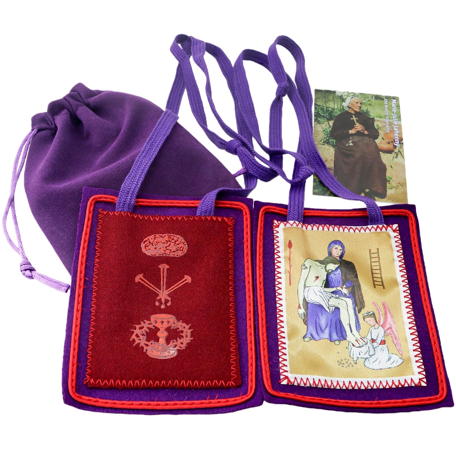 MERCILIA MEISHILAI 9 x 11 cm duża fioletowa szkaplerz - Escapulario Morado de Bendición y Protección wełniana szkaplerz na czasy końcowe - zawiera fioletową aksamitną torebkę i kartę modlitewną