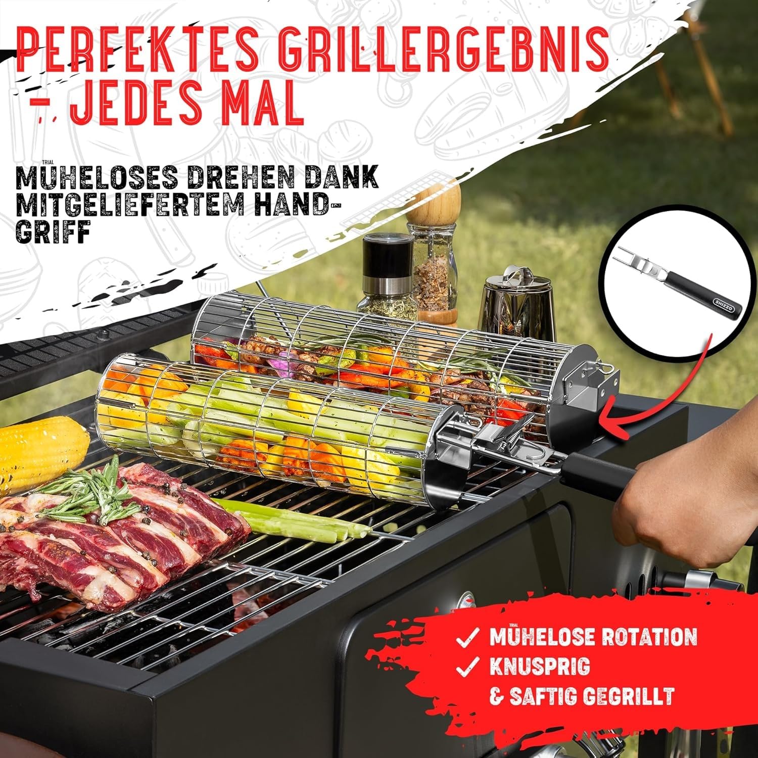 SHIZZO Rollgrillkorb, Stabiler Zylindergrill, Lebensmittelechter Edelstahl, Großer Tragbarer Grillnetzständer Für Camping Im Freien, Kochgriller Für Fisch, 2Er-Set