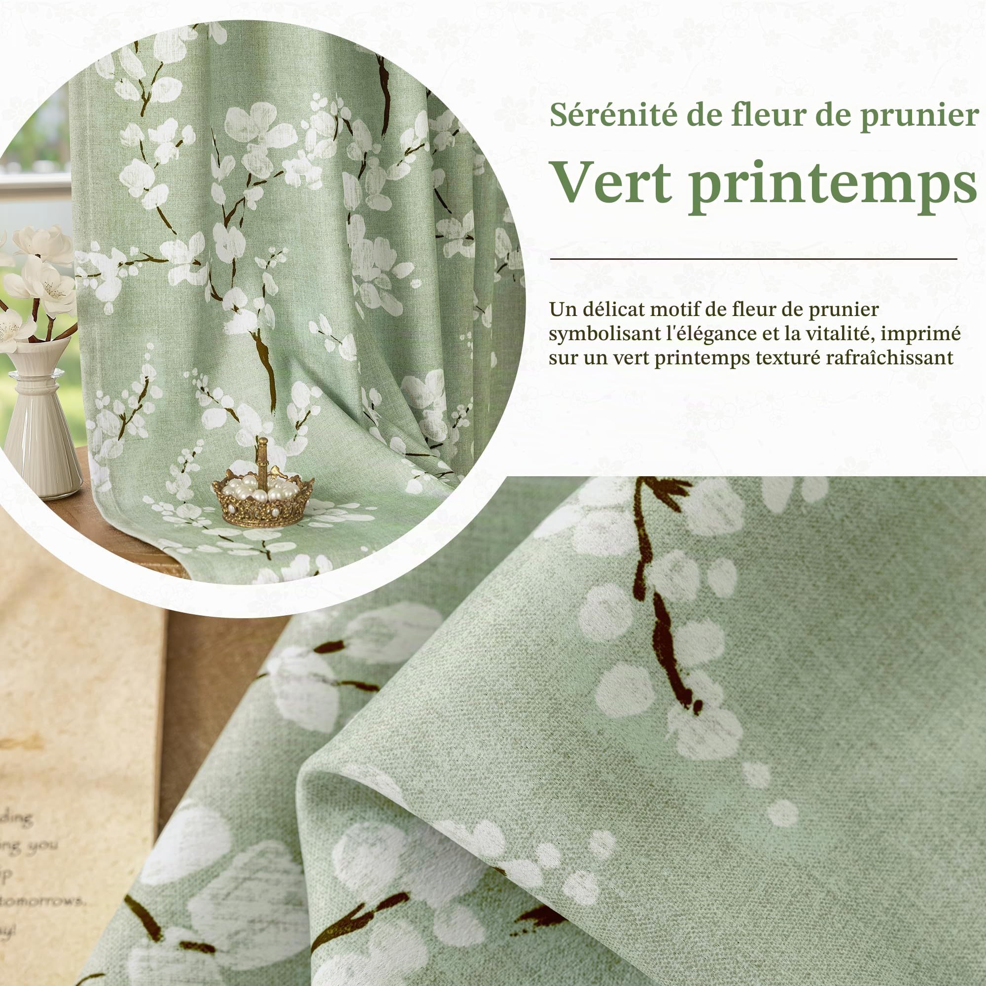 FMFUNCTEX Lot de 2 Rideaux 100% occultants à Motif Floral pour Chambre à Coucher, Vert Sauge, 213,4 cm de Long, pour Salon, Rideaux à Isolation Thermique avec œillets de Style Ferme, Blanc sur Vert