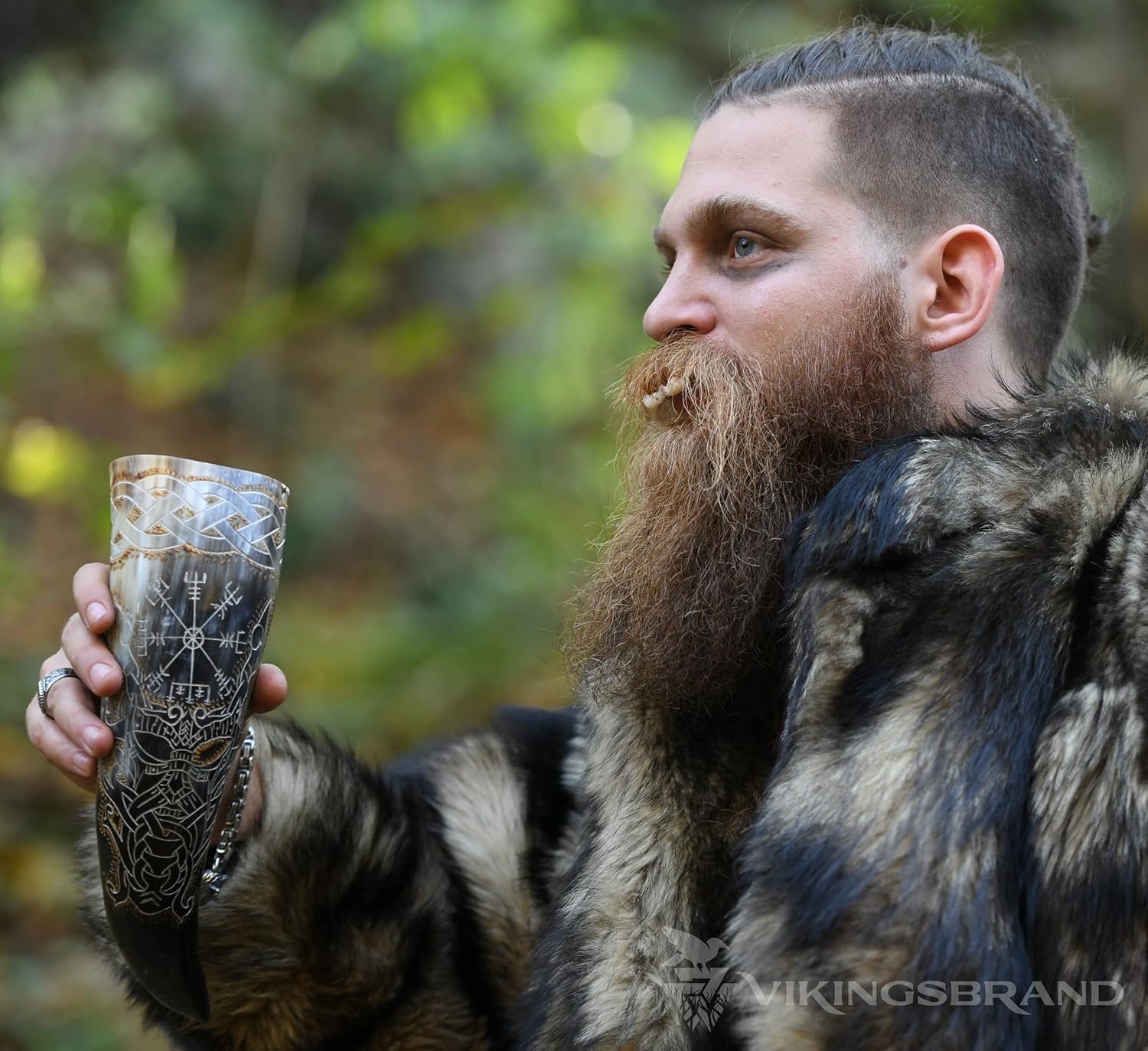 Authentic Handmade Viking Drinking Horn - Medieval Norse Ale Drinking Mug For Vikings with Stand - Hand Engraved Viking's Drink Cup - Food Safe Beer Horns (Odin & Vegvisir - 14 Inches), 2 Piece Set - Image 4