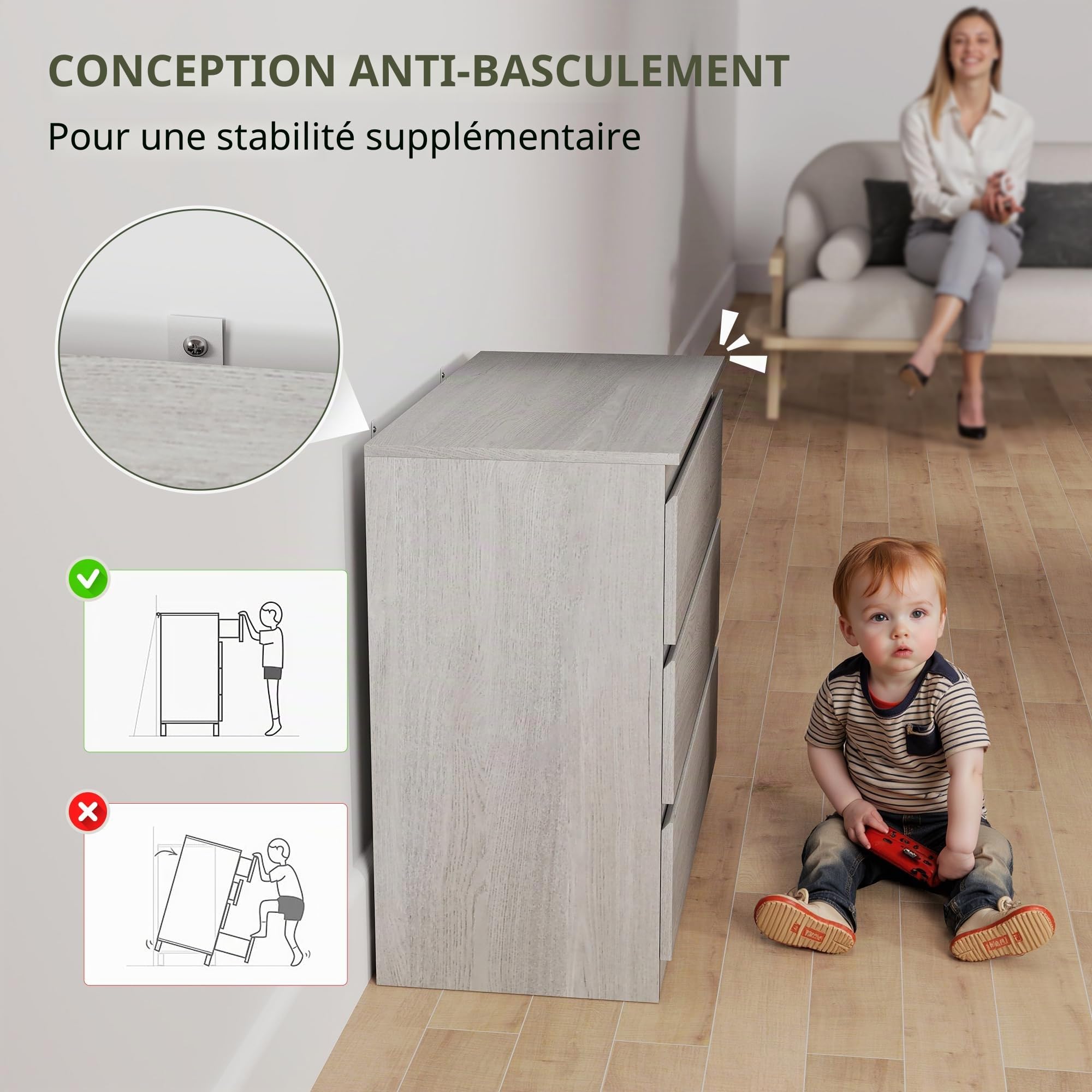 HOMCOM Commode 3 tiroirs 80x39x73cm Gris Effet Bois