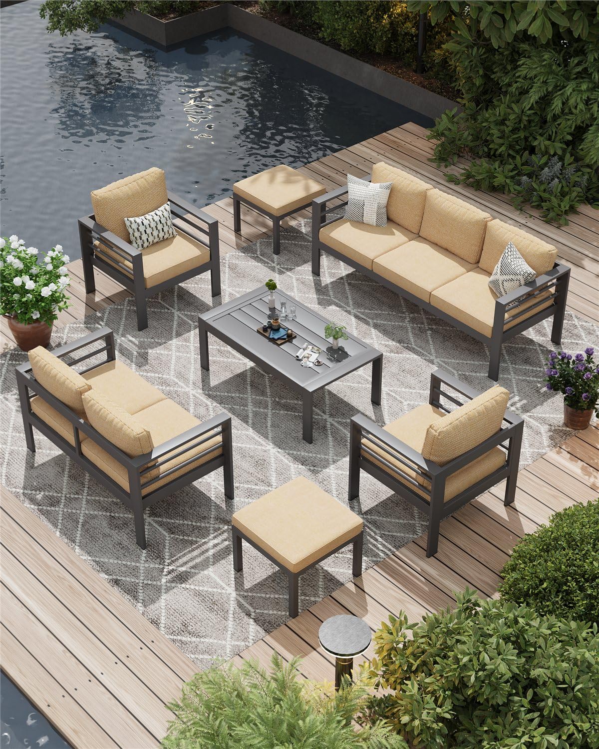 AECOJOY 7 Pieces Aluminum Outdoor Patio Furniture Set, 9 Seats, Beige