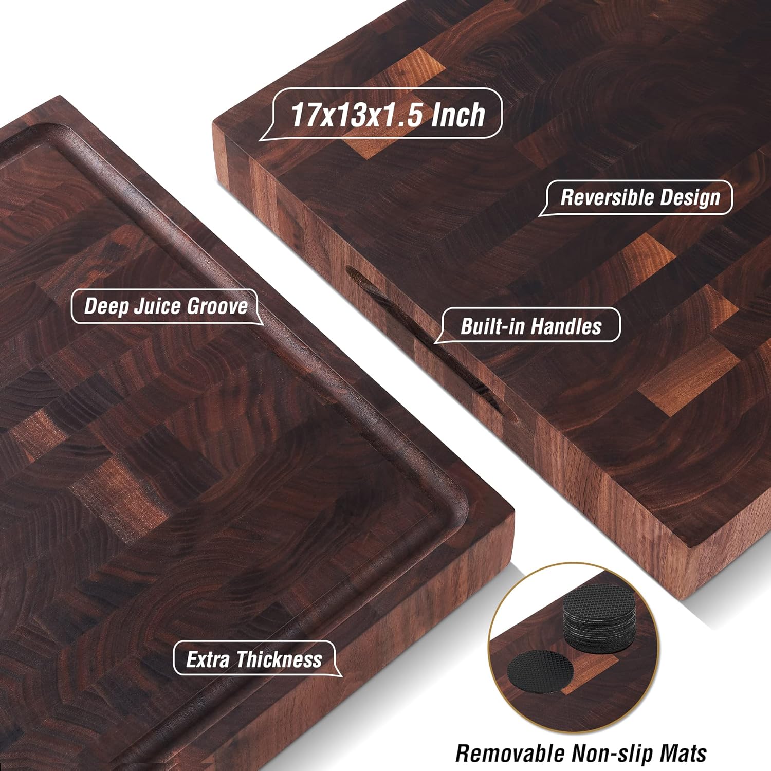 AZRHOM Large End Grain Walnut Wood Cutting Board 17x13x1.5 in Thick Butcher Block for Kitchen with Non-slip Mats Juice Groove & Handles (Gift Box) - Image 6