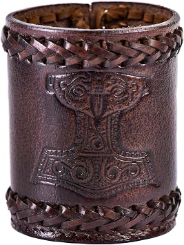 Ulfberth - Viking dice Cup with Embossed Motif - Genuine Leather - Medieval Leather Cup with Engraving Thors Hammer Style, Brown