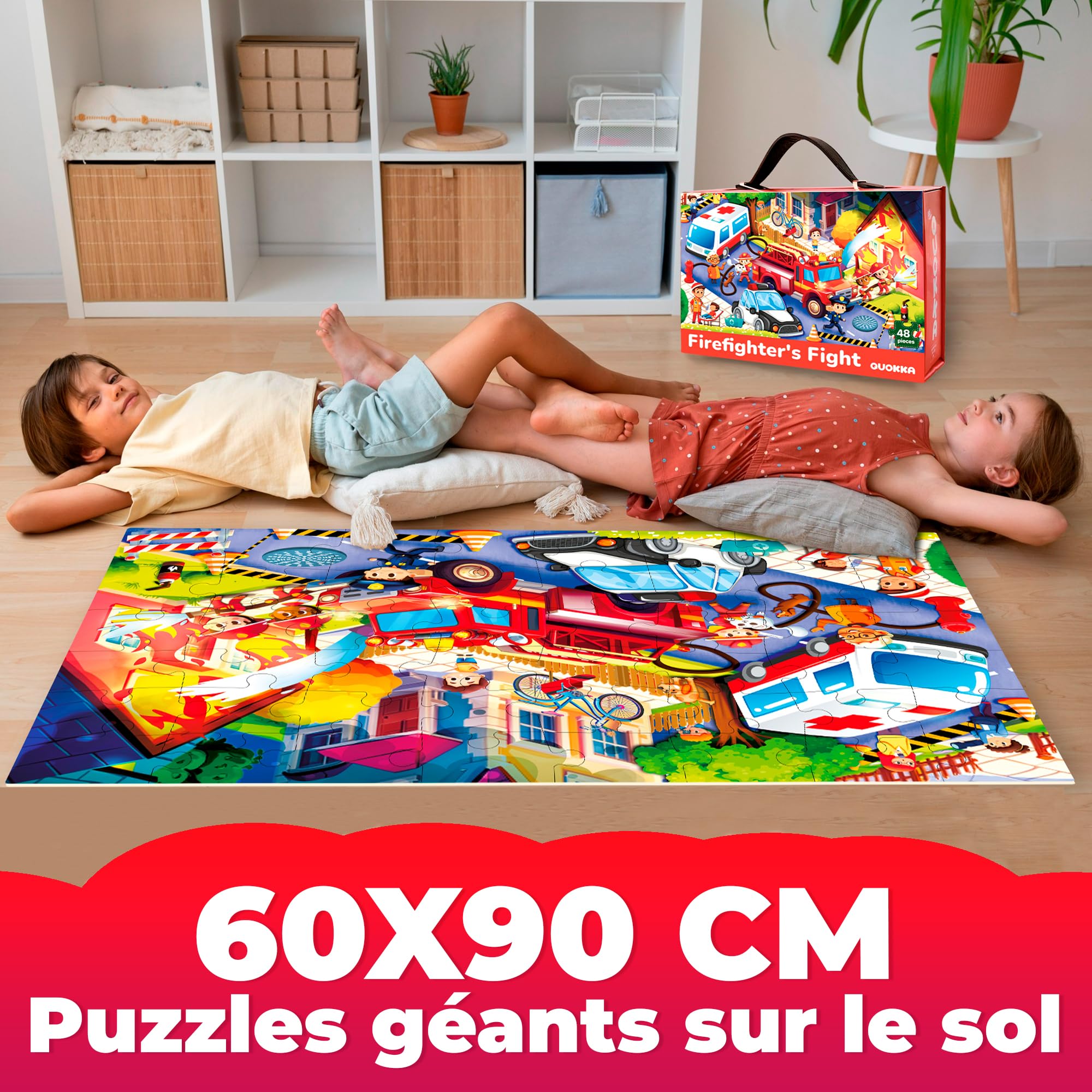 QUOKKA Grand Puzzle Enfant 3 4 5 Ans - 60x90 cm 48 Pièces Puzzle Géants de Sol pour Enfants 5 6 Ans - Camions de Pompiers Jouet pour Garçons et Filles - Educatif Cadeau