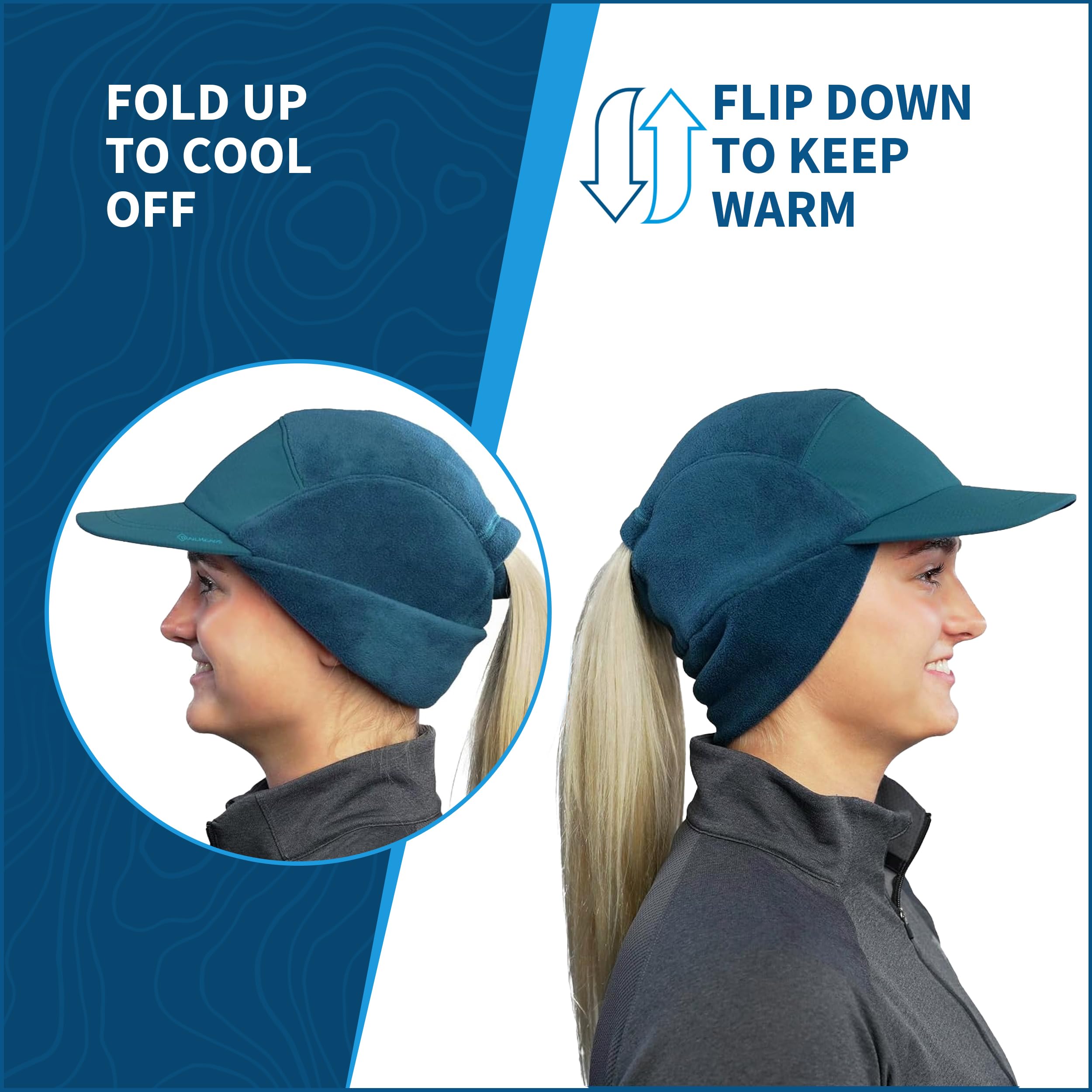 TrailHeads Gorro de cola de caballo, gorro de forro polar para mujer, gorro de invierno con visera, sombreros cálidos para mujer, sombrero de correr, golf de invierno