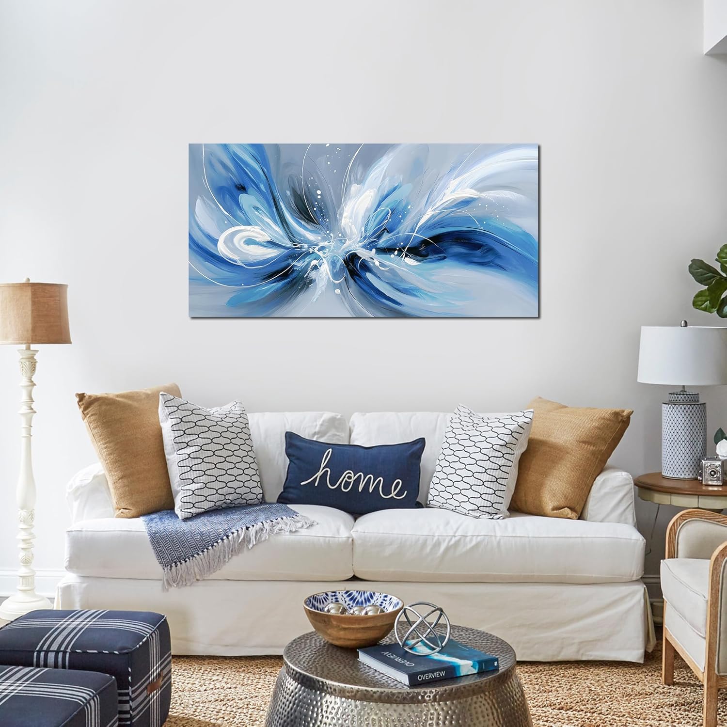 Blue White and Gray Abstract Canvas Wall Art for Living Room Framed Large Print Picture Painting Wall Decor for Bedroom Office Modern Home Abstract Wall Decorations Artwork Size 20x40 Ready to Hang