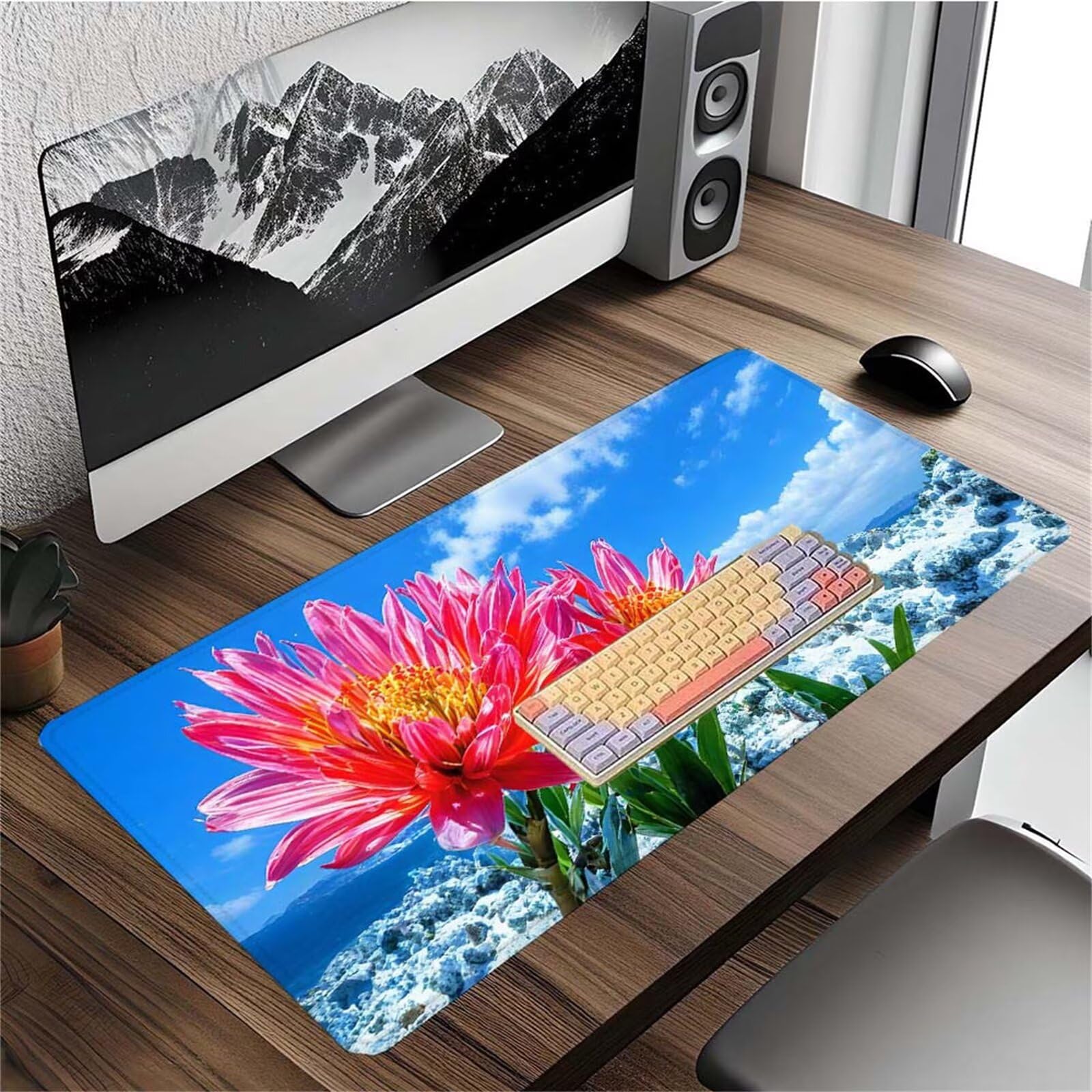 Alfombrilla Ratón Flor Nieve Alfombrilla Ratón XXL 1400x600x3mm Mouse Pad Resiste Salpicaduras, Extendida de Gran Tamaño con Bordes Cosidos, Mejora Precisión y Velocidad, Antideslizante,Duradera y-273