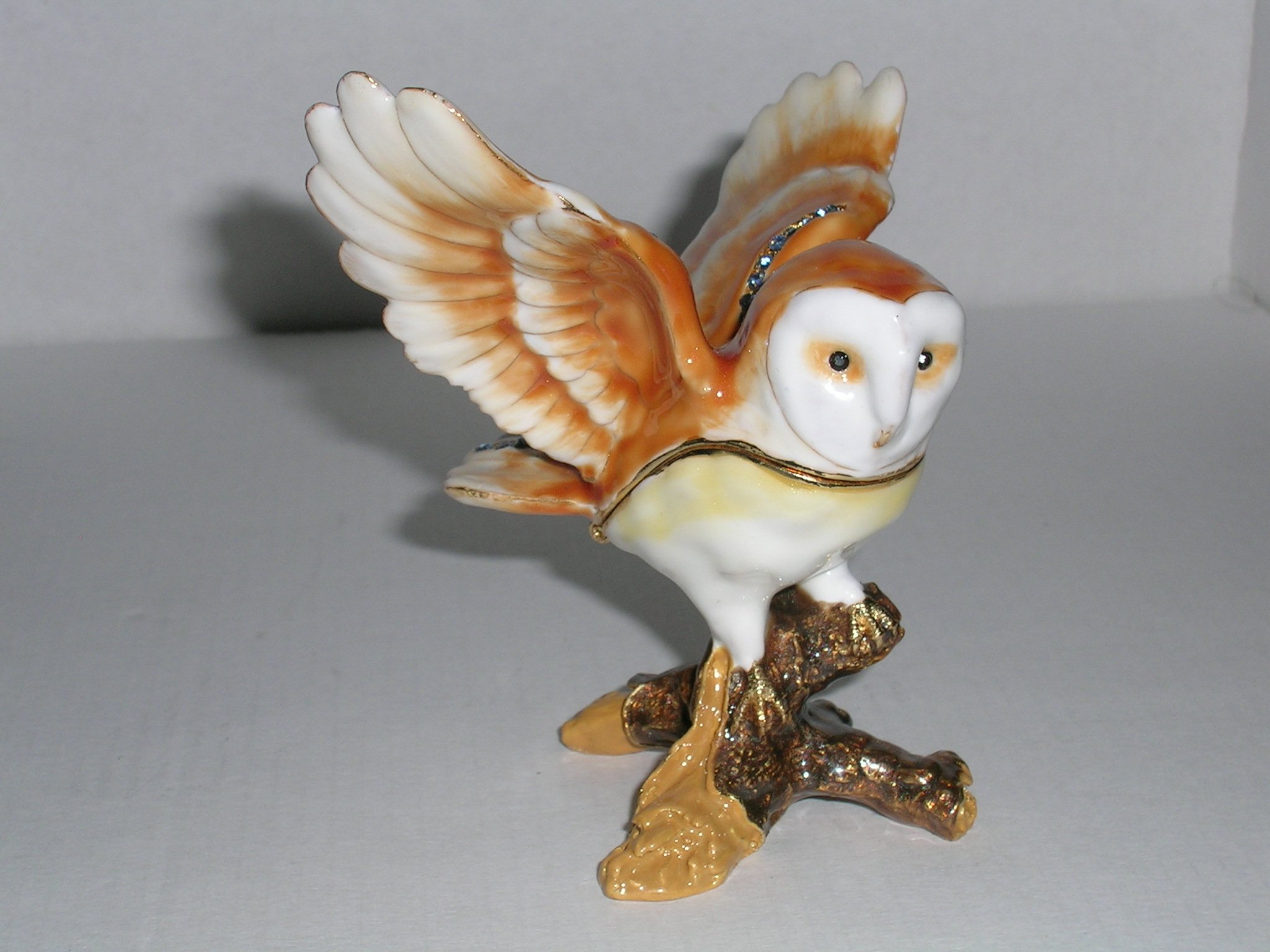Juliana Trinkets - heavy metal, enamelled, beautifully finished and decorated Barn Owl trinket box with open wings.
