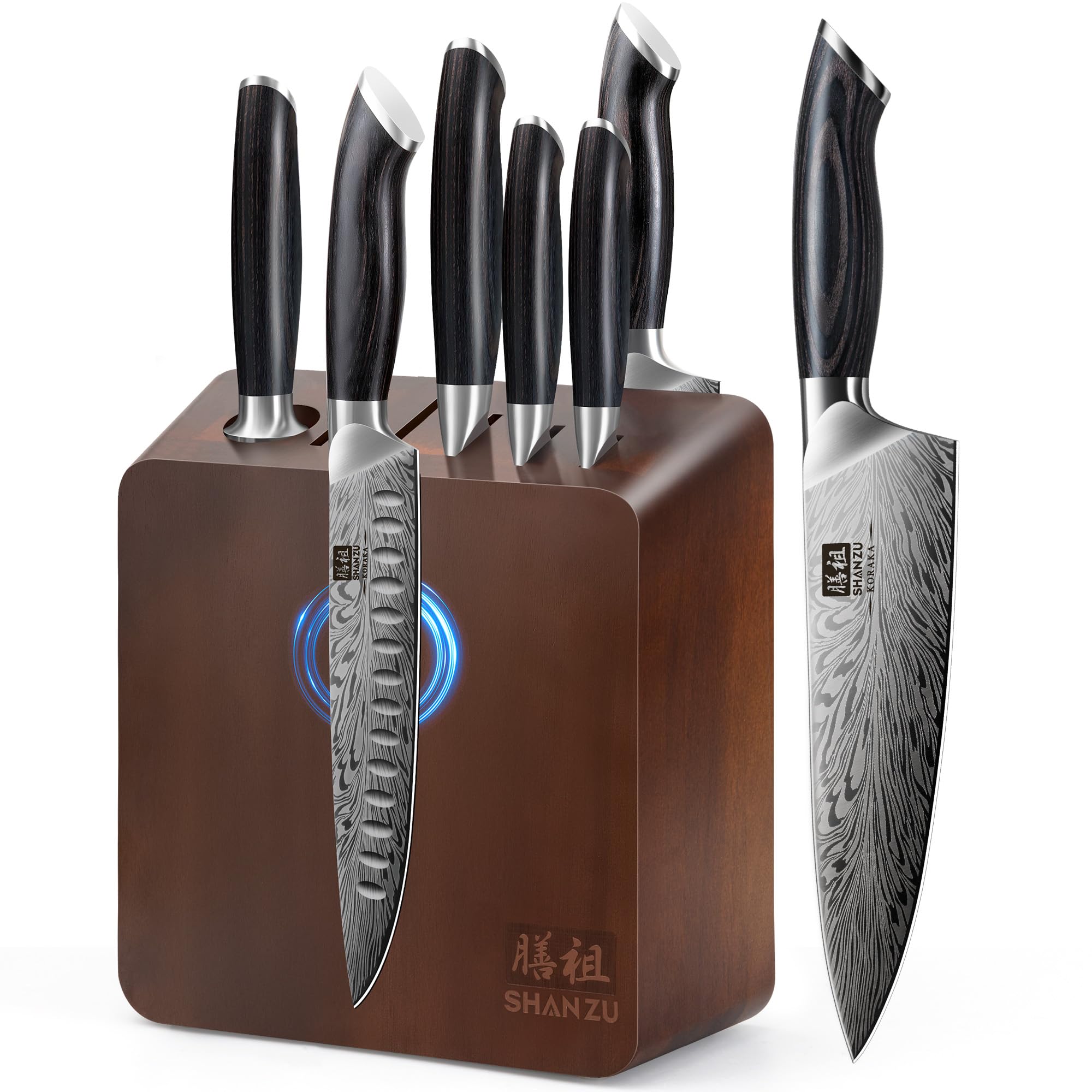 SHAN ZU Kitchen Knife Set with Double Sided Magnetic Knife Block