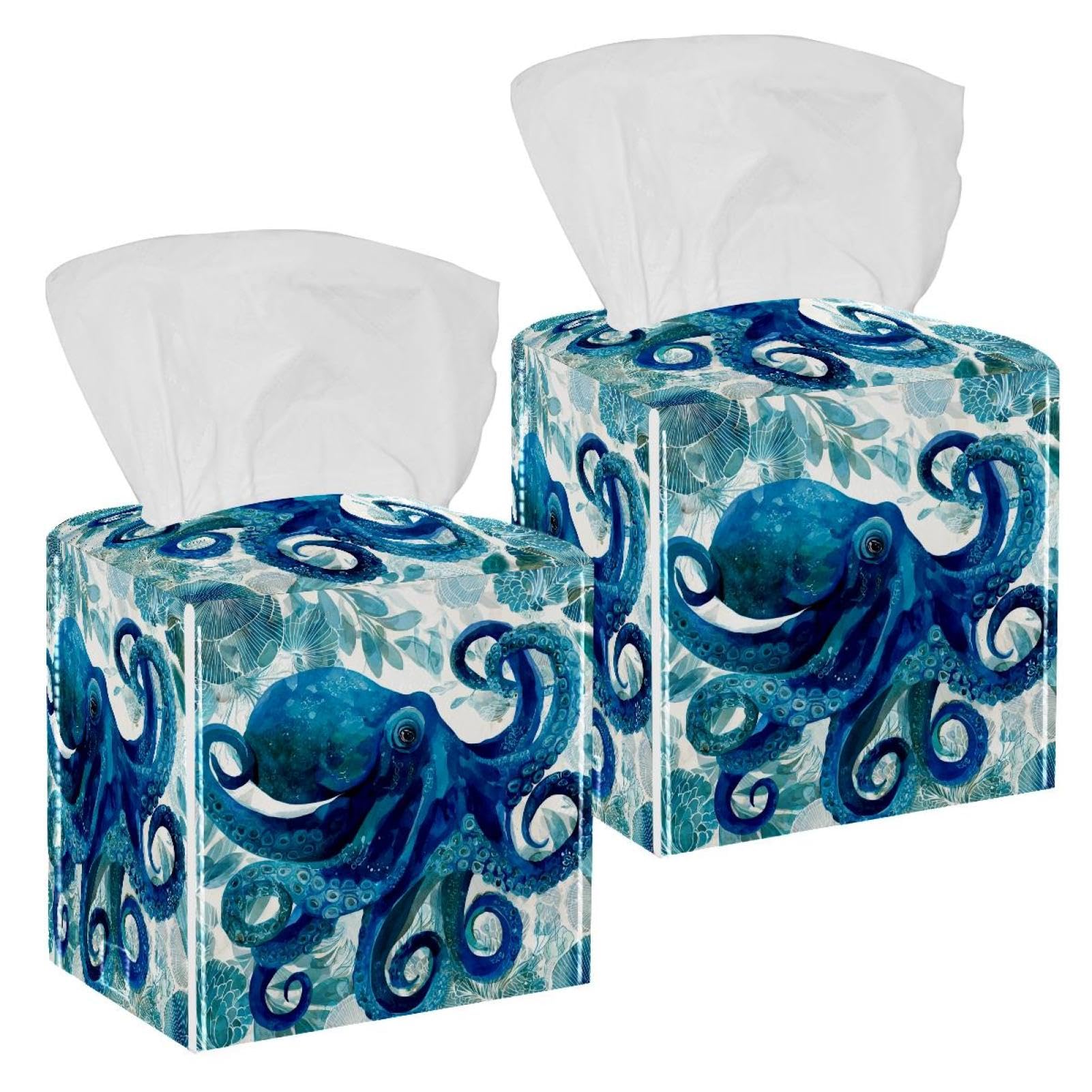 Octopus Tissue Box Cover, 2 Pack PU Leather Square Facial Tissue Dispenser Box holder for Home Office Car