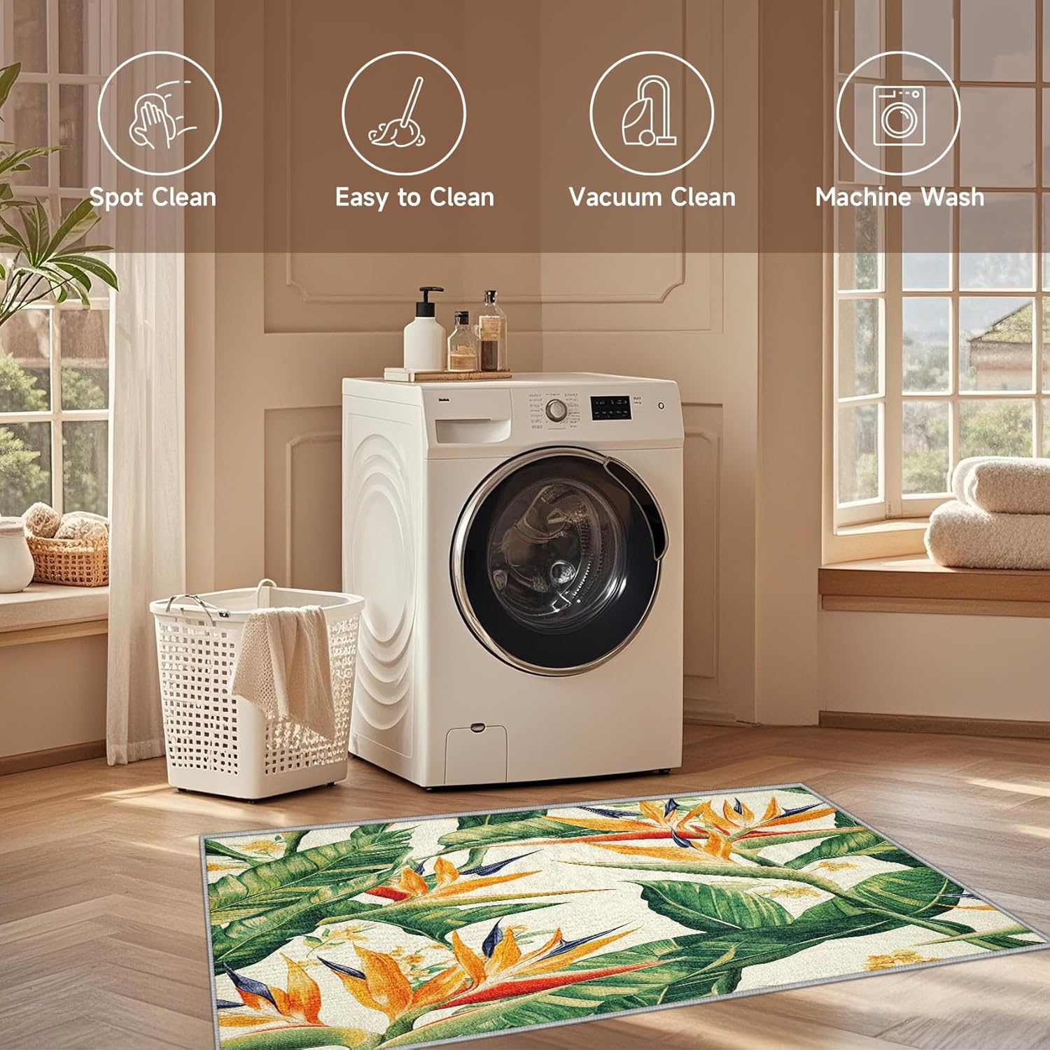 Bird of Paradise Washable Area Rug 2x3, Tropical Floral Small Rugs for Indoor Entryway, Jungle Plants Print Door Mat for Bedroom Kitchen Entry Home Decor, Low Plie Non Slip
