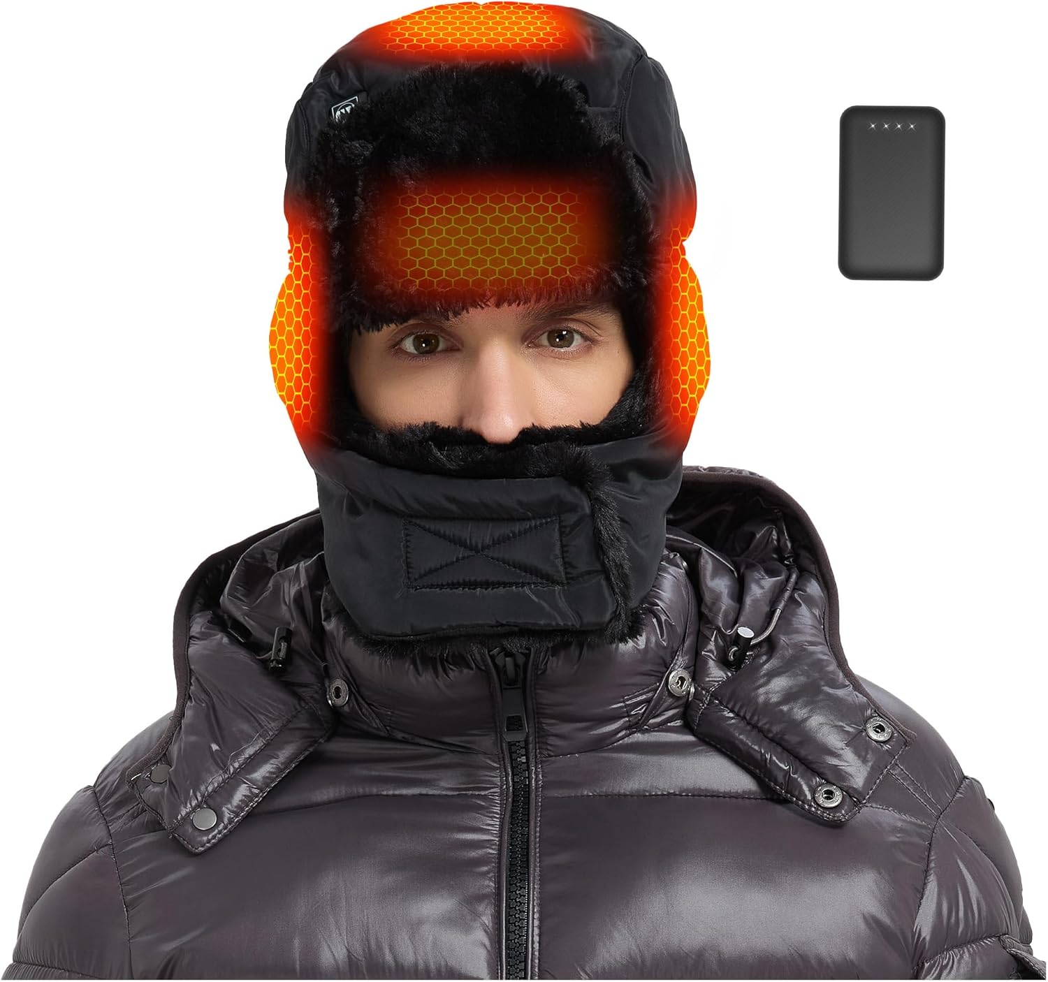 CYCYHEAT Heated Trapper Hat for Men and Women, Faux Fur Hunting Outdoor Heating Hat, Upgraded 5V USB 4000 mAh Battery Pack Black