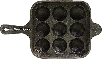 Bharath Agencies 9 Cavity Appam Patra Kuzhi Paniyaram Pre-Seasoned Cast Iron Paddu Tawa with Handle, Black, Each Hole - 2 inch in Diameter