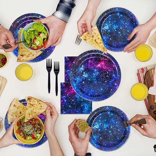 Vista 6 de Space Galaxy Party Supplies - Juego de vajilla para decoración de fiesta de cumpleaños del espacio exterior, noche estrellada, planeta, sistema