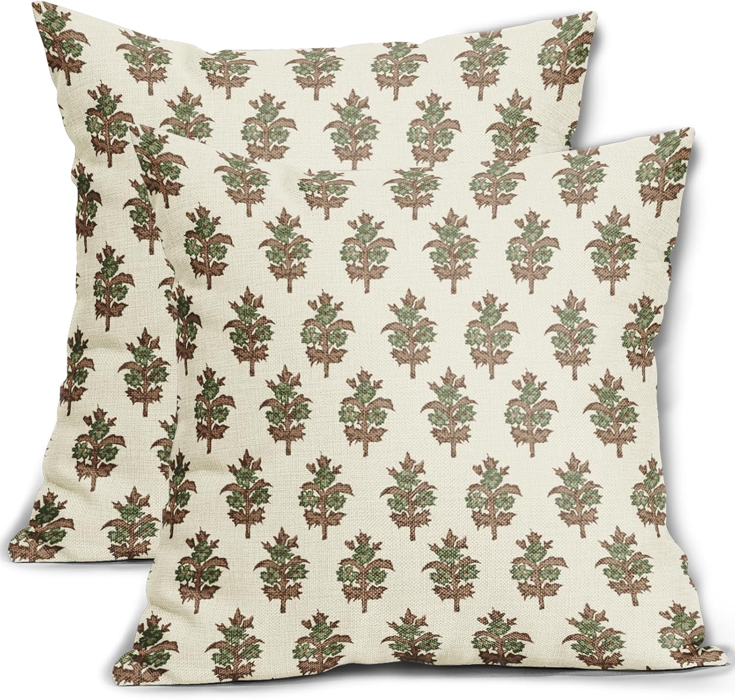 Brown Green Floral Block Print Pillow Covers 18x18 Set of 2 Spring Flower Pattern Decorative Throw Pillowcases Outdoor Rustic Farmhouse Square Cushion Cases Decor for Home Couch Sofa Bed