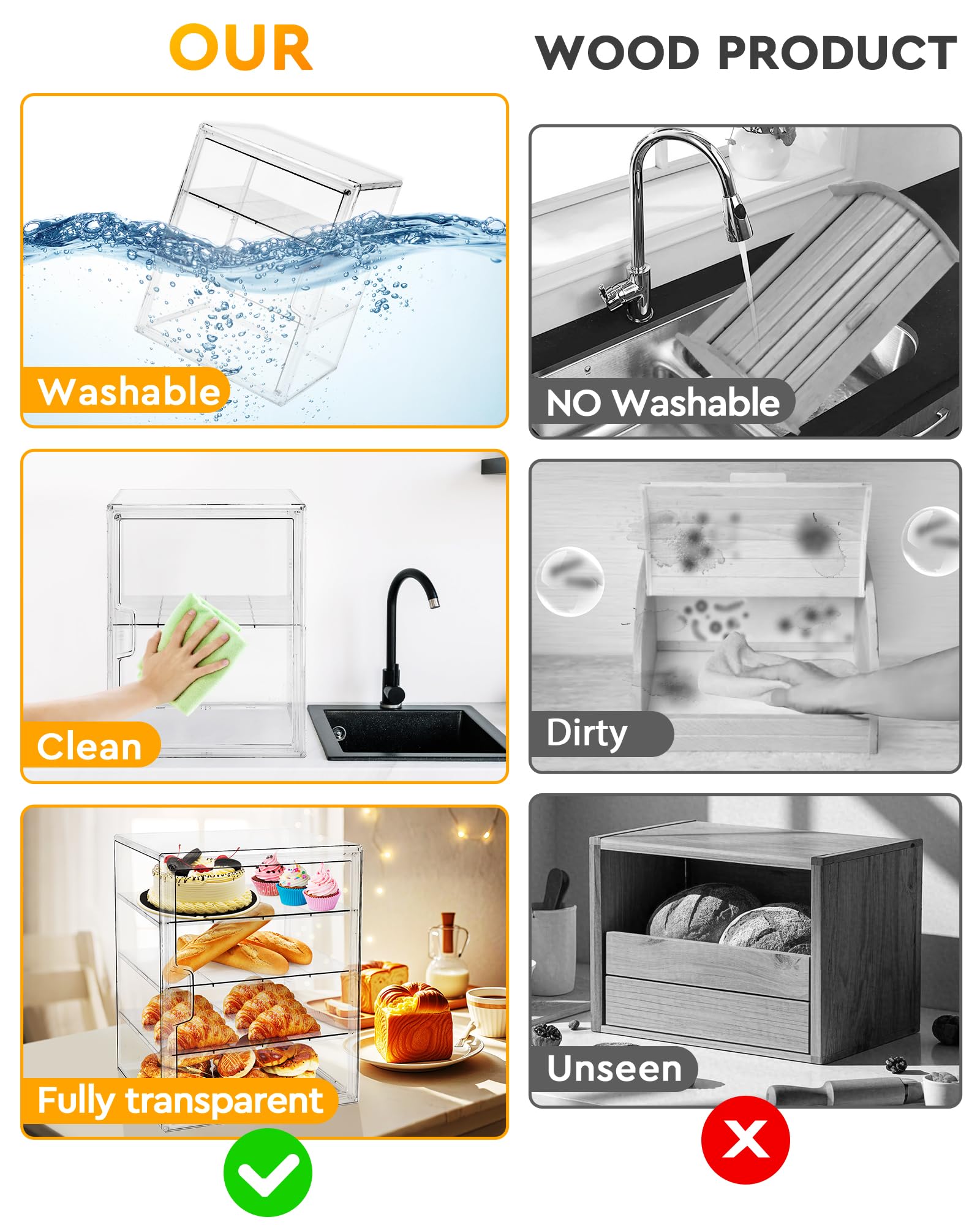 MEI NIAN Vitrina de pastelería, panera para encimera de cocina, caja de pan ajustable de 4 capas, caja de pan de gran capacidad para panes caseros, magdalenas, contenedor de almacenamiento de bagel