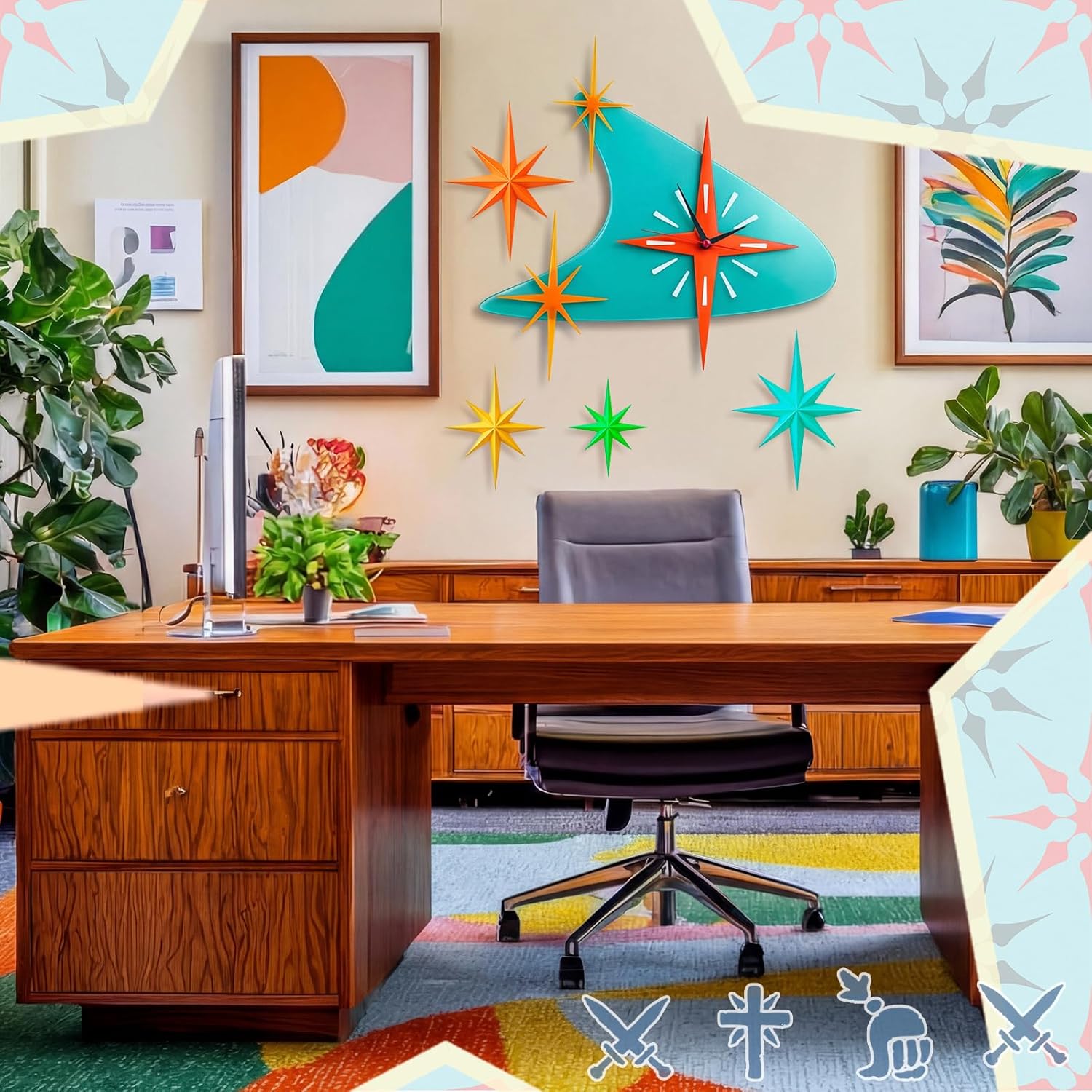 Thyle 25 inch Mid Century Modern Wall Clock Decor with 5 Pcs Retro 3D Star Art Wall Sculpture Starburst Clock art Vintage Home Decor Accent for Living Room Bedroom Office(Retro)