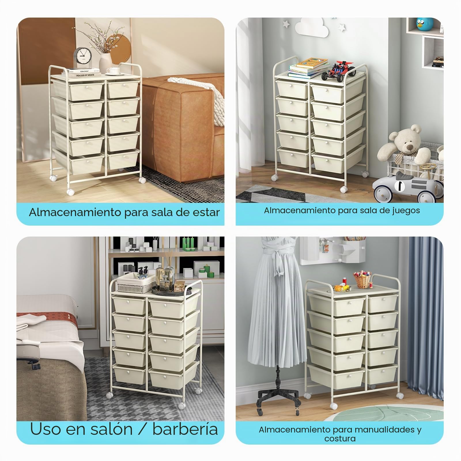 GIANTEX Carro de Almacenamiento con 10 Cajones Plásticos, Cajonera con 4 Ruedas 360°, 2 Bloqueables, 65,5 x 37 x 87 cm, Carrito Auxiliar para Salón, Dormitorio, Cocina, Baño (Blanco)