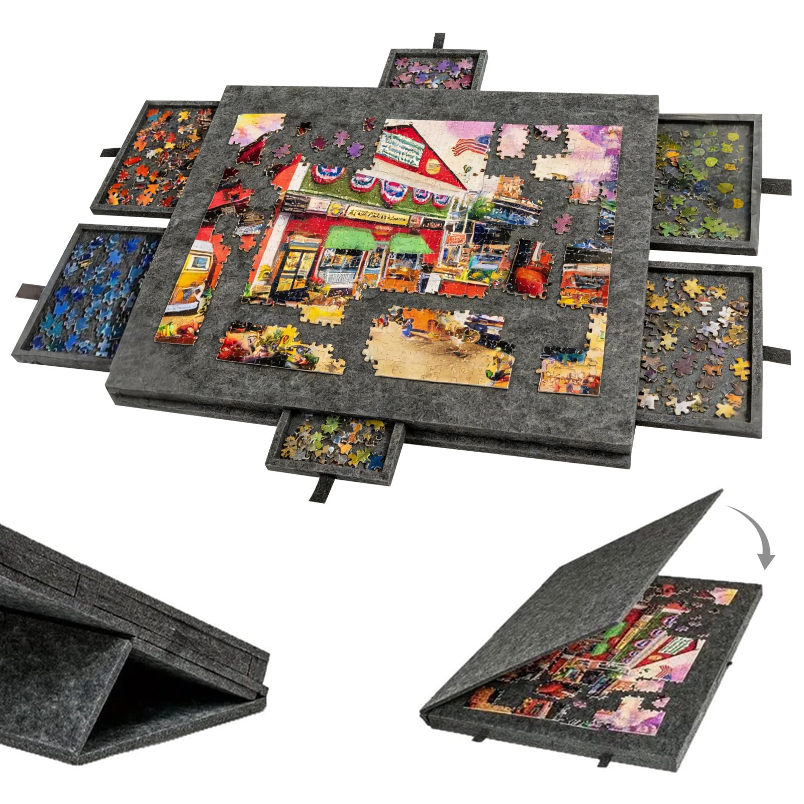 Stół do puzzli z 6 szufladami, 1000 elementów, stół puzzli 2 w 1 ze stojakiem i pokrywą (czarny)