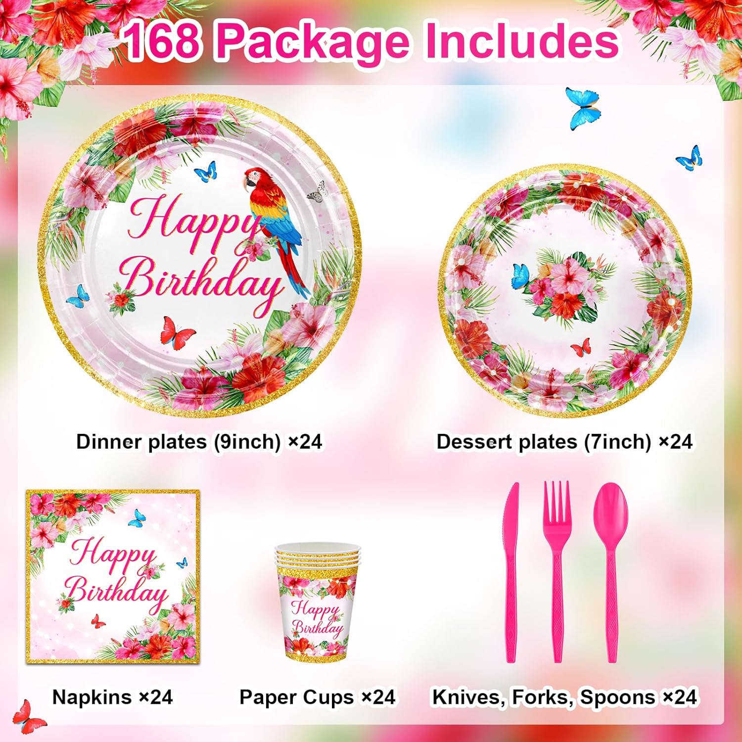 Avezano 168 pcs Hawaiian Luau Birthday Party Decorations Tropical Birthday Plates and Napkins Disposable Serve 24 Parrot Tropical Tableware for Women Girls