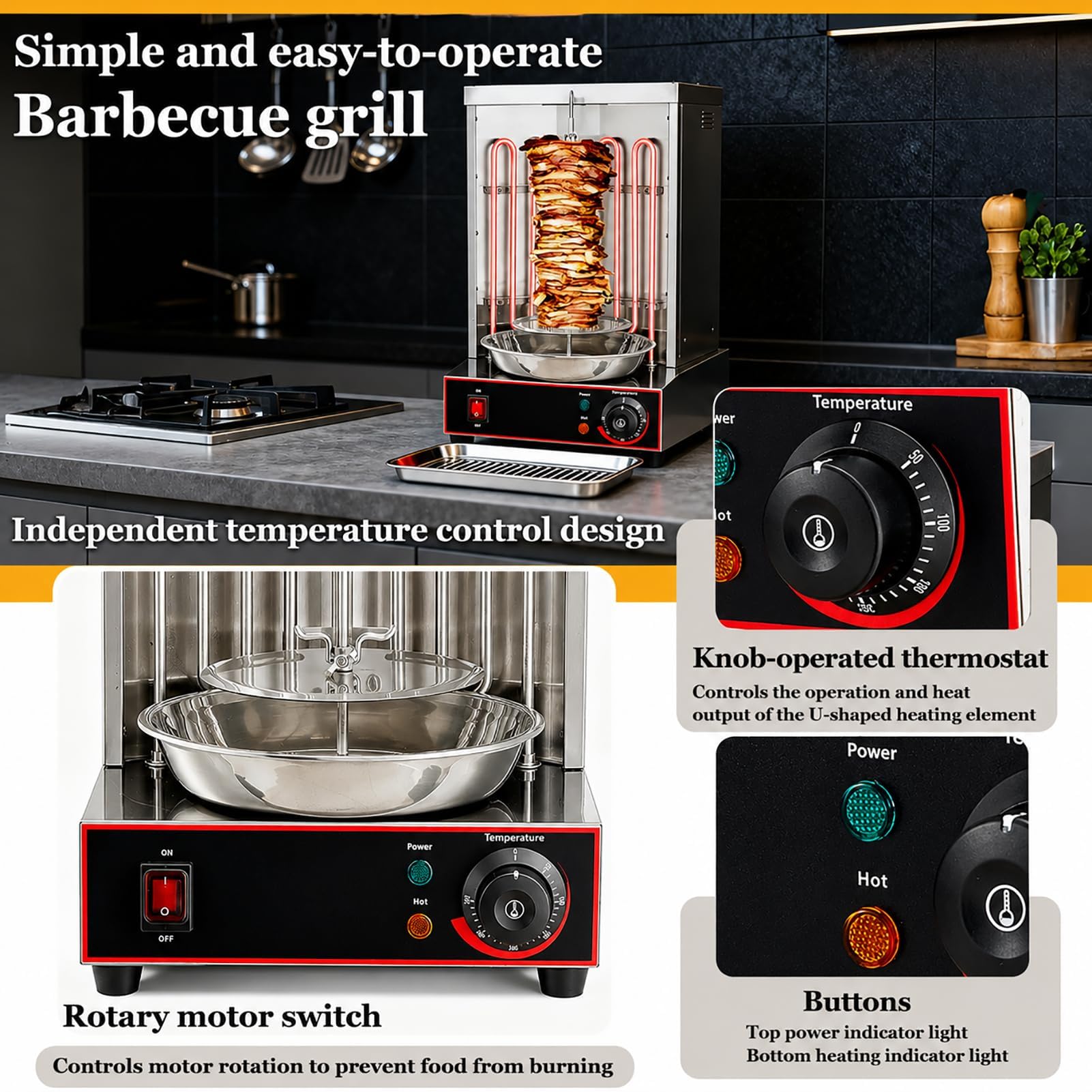Gira Arrosticini Elettrico 2400W, Barbecue Elettrico da Tavolo Verticale, 2 Tubi Riscaldanti, Rotazione 360°, Termostato Regolabile 50‑300°C, Vaschetta Raccogli Carne, Uso Domestico e Commerciale