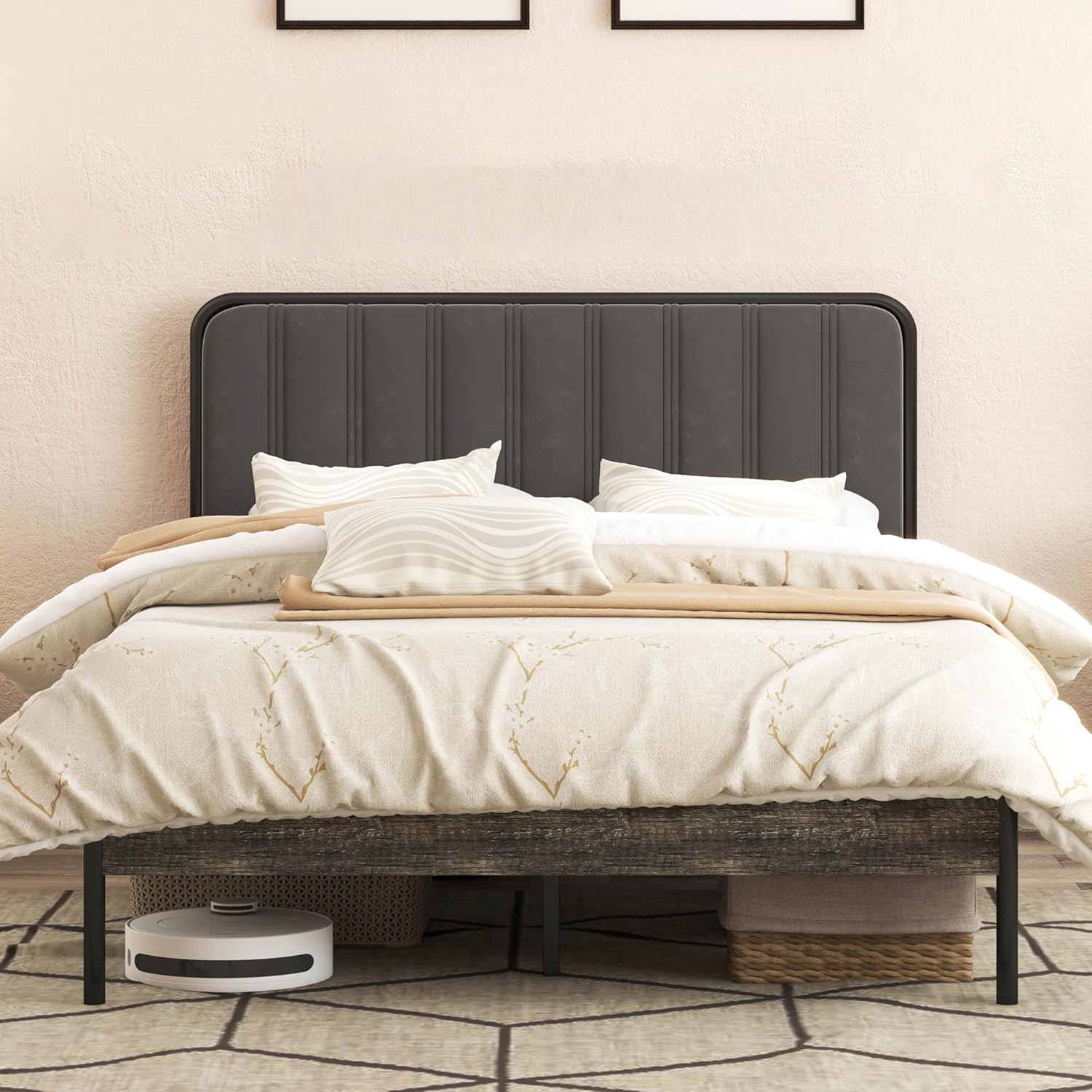 Queen Bed Frame with Upholstered Platform Headboard, Steel Slat Support, Effortless Assembly, Non-Slip, Noise-Free and No Box Spring Needed, Ample Storage Space - Charcoaly Black