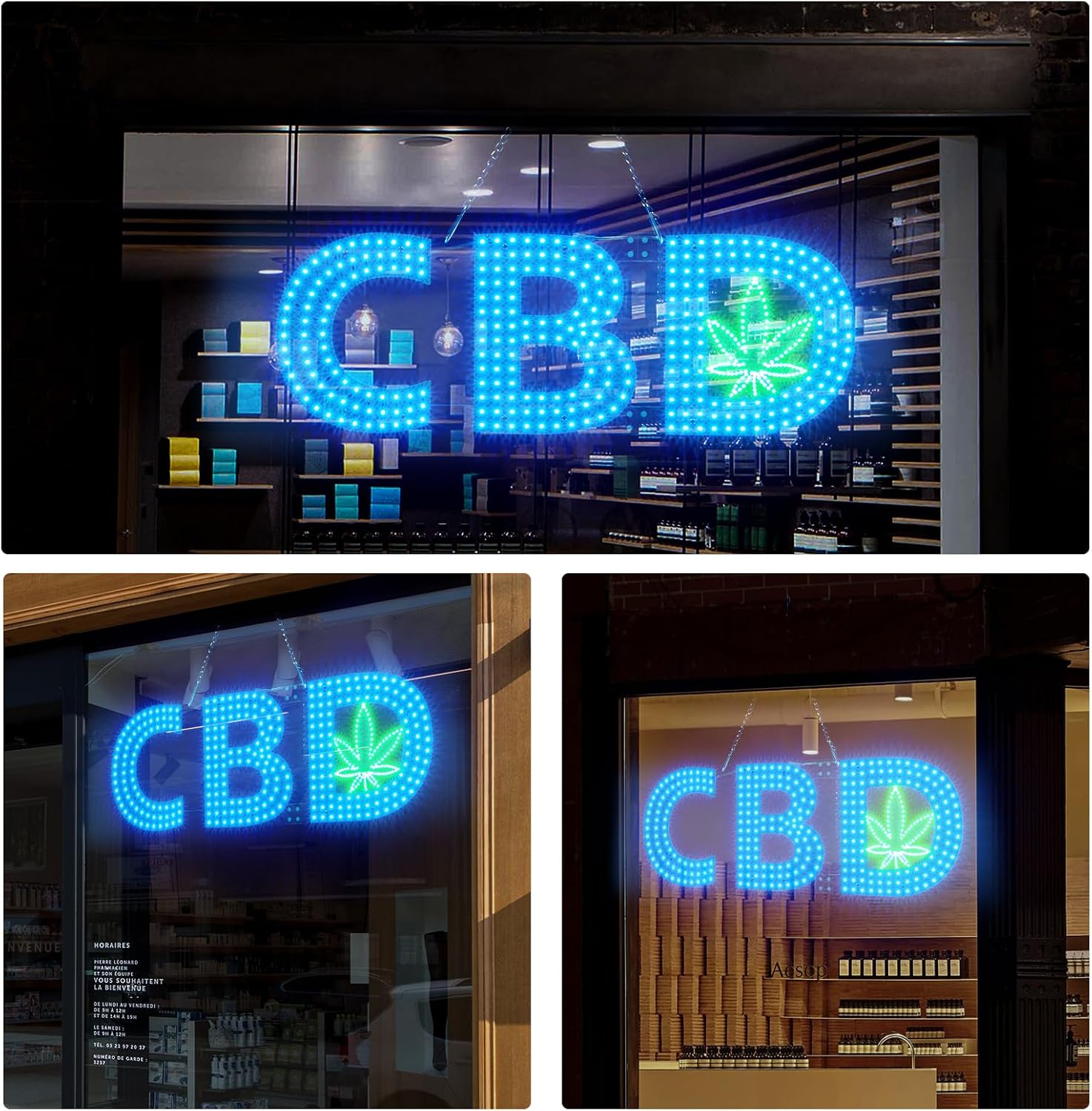 Large LED CBD Sign for Smoke Shops, 24"x8.35" Dimmable Bright LED Advertisement Board High Visibility with Adjustable Chain Hanging,Electric Display Signs for Store Shop Window(Blue&Green)