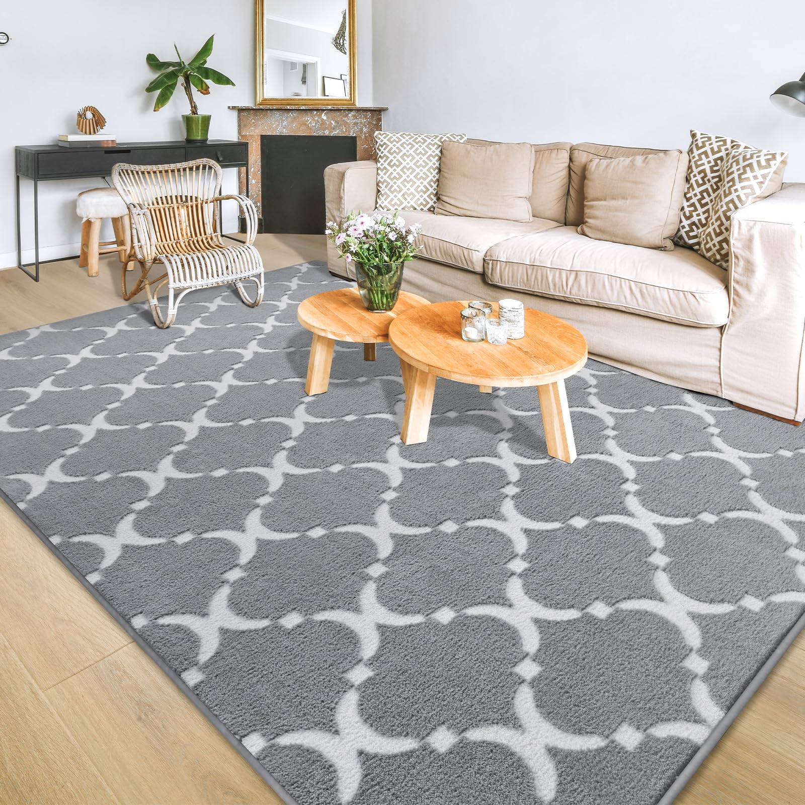 YJ.GWL Soft Shag Geometric Area Rug for Bedroom Living Room, 4x6 Feet Grey Cozy Modern Indoor Memory Foam Carpet, Washable Fluffy Plush Rugs for Nursery Playroom Dorm Kids Girls Room Decor Floor Mat