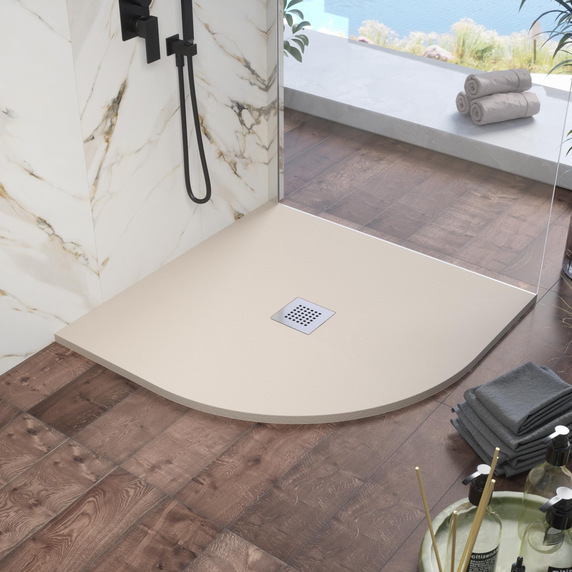 Piatto Doccia 80x80 cm Semicircolare Marmoresina Avorio Effetto Pietra Ultraslim Antiscivolo