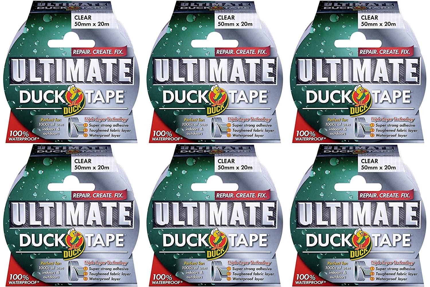 Duck Tape 222150.6 Ultimate Lot de 6 rubans adhésifs en tissu Transparent 50 mm x 20 m
