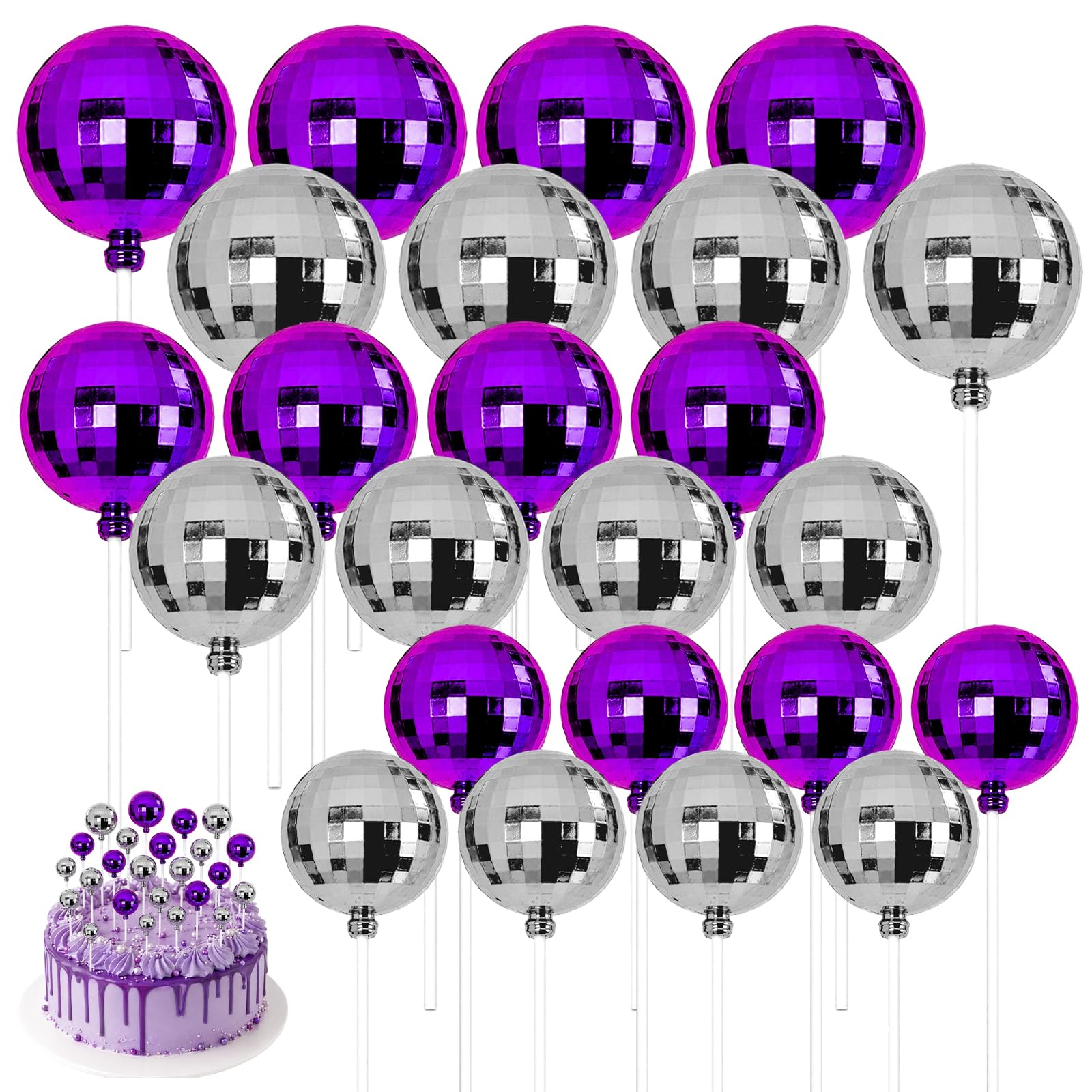 24PCS Disco Ball Cake Decorations, Disco Ball Cake Topper