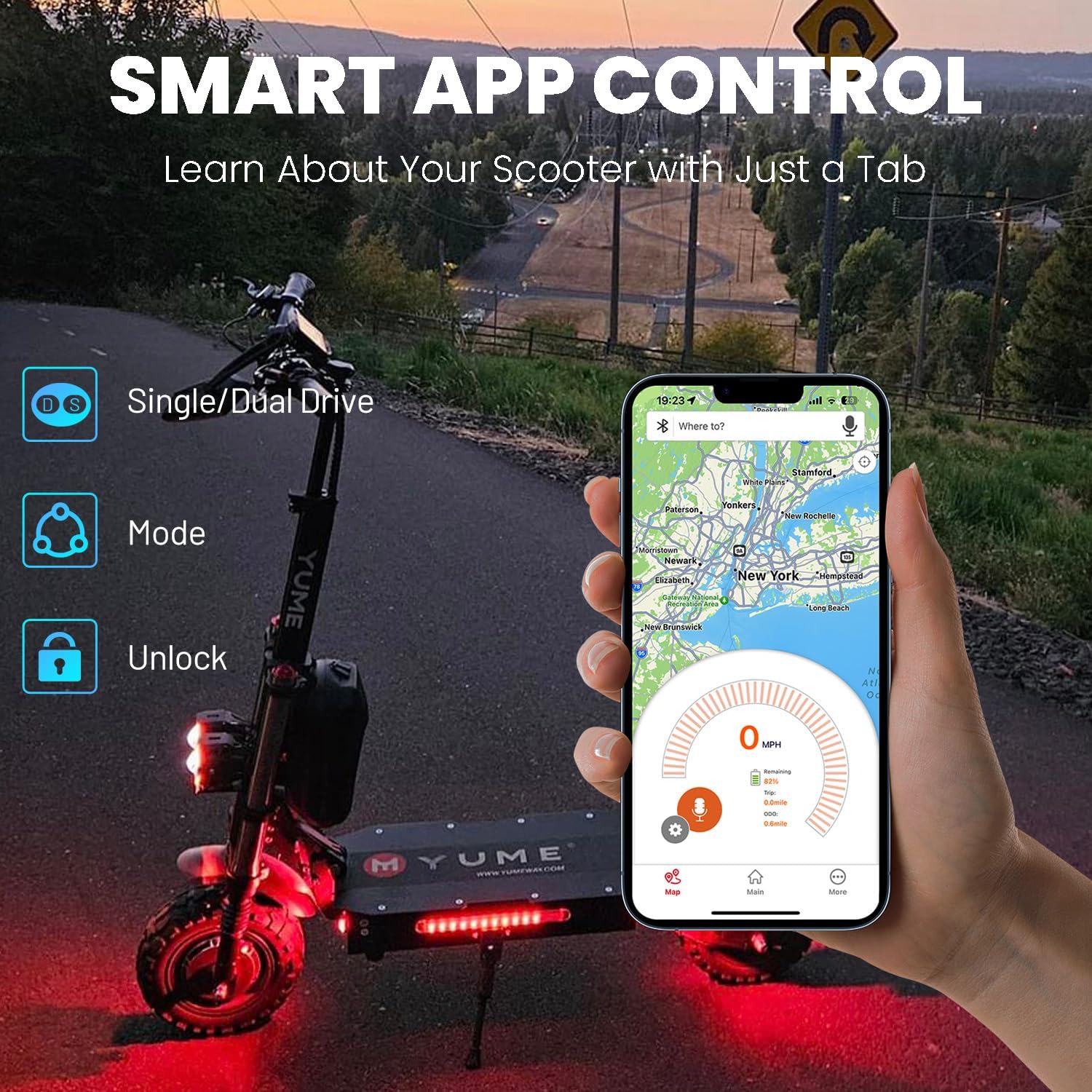 A hand holding a smartphone displaying the YUME scooter app interface, showing speed, battery, and other metrics, with the scooter parked on a road in the background.