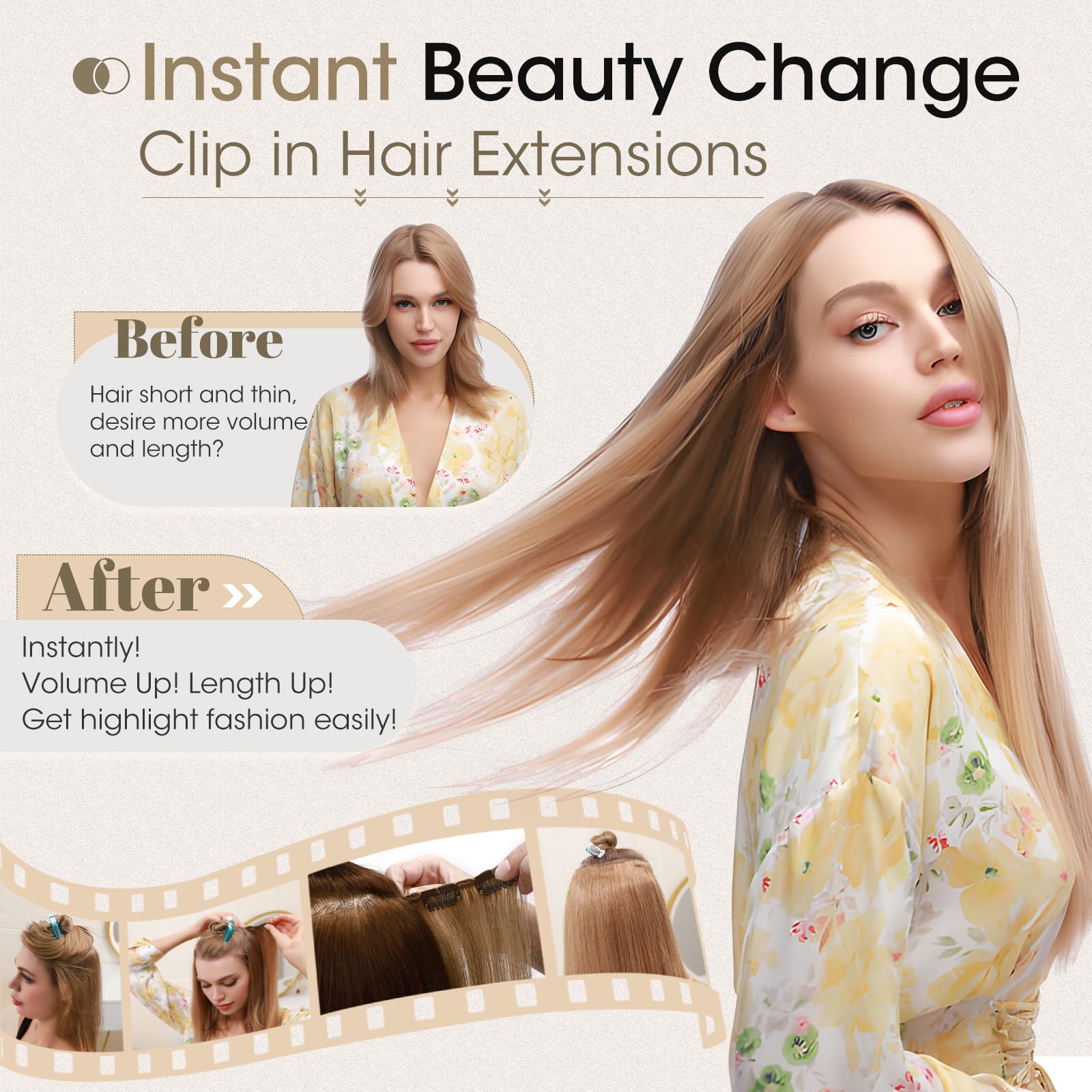 Elailite Clip in Hair Extensions Real Human Hair Remy Hair Short Hair, 8 Pcs Invisible Thin Weft - Image 2