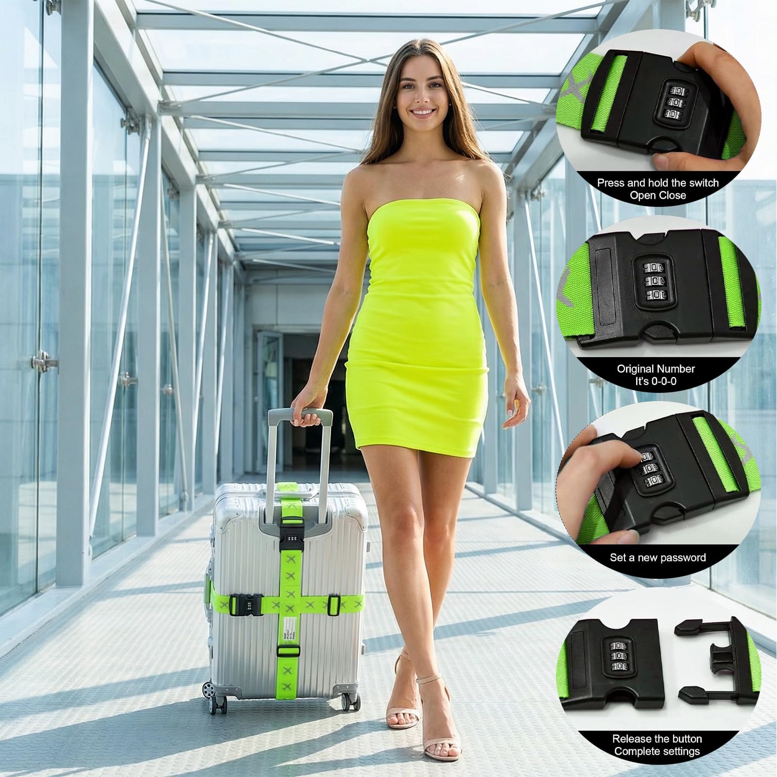 4 Pièces Sangle Valise Voyage avec Code, Sangles pour Bagages Réglables Ceinture Valise, Ensemble de Sangle de Bagage Croisées avec Etiquette pour Valise Bagage Sac de Voyage, Vert + Rose