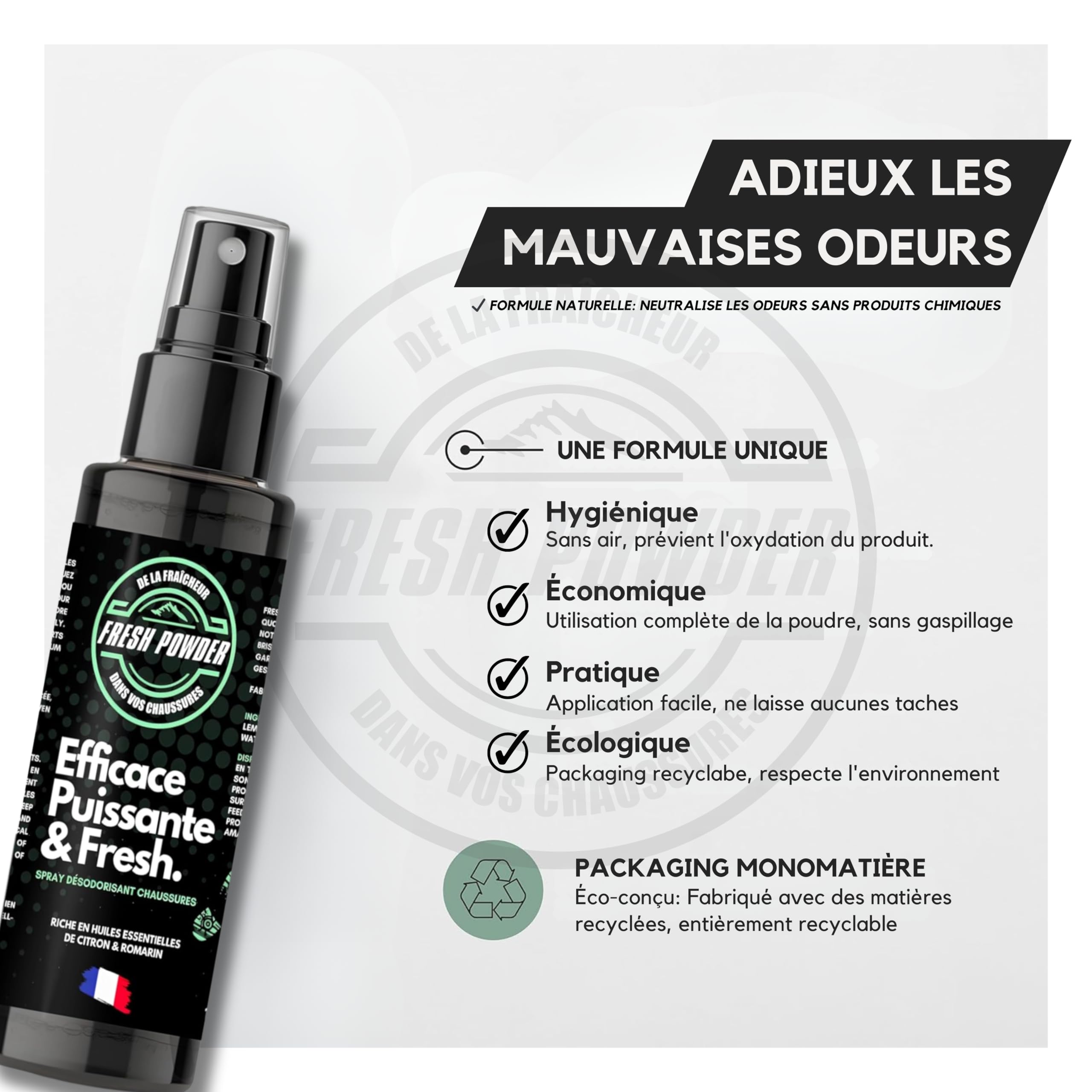 Desoladora de zapatos – Limón – Desodorante baloncesto elimina los olores – Neutraliza la humedad – Polvo natural – Larga duración de acción – Fabricado en Francia por Fresh Powder (120 ml (paquete de
