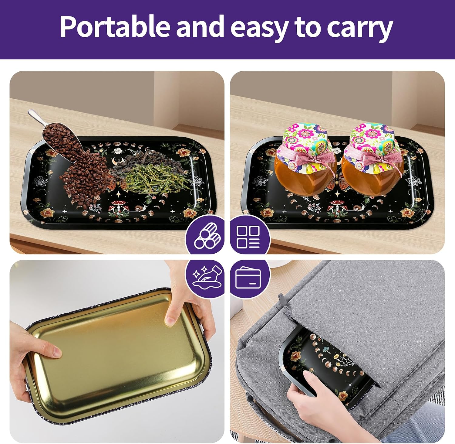 Metal Tray with PVC Soft Magnetic Lid Cover Large Cute Decorative Tray Serving Trays for Home Decor, Coffee Table, Tea, Snacks, Gifts - 11" x 7" (Shine Black)